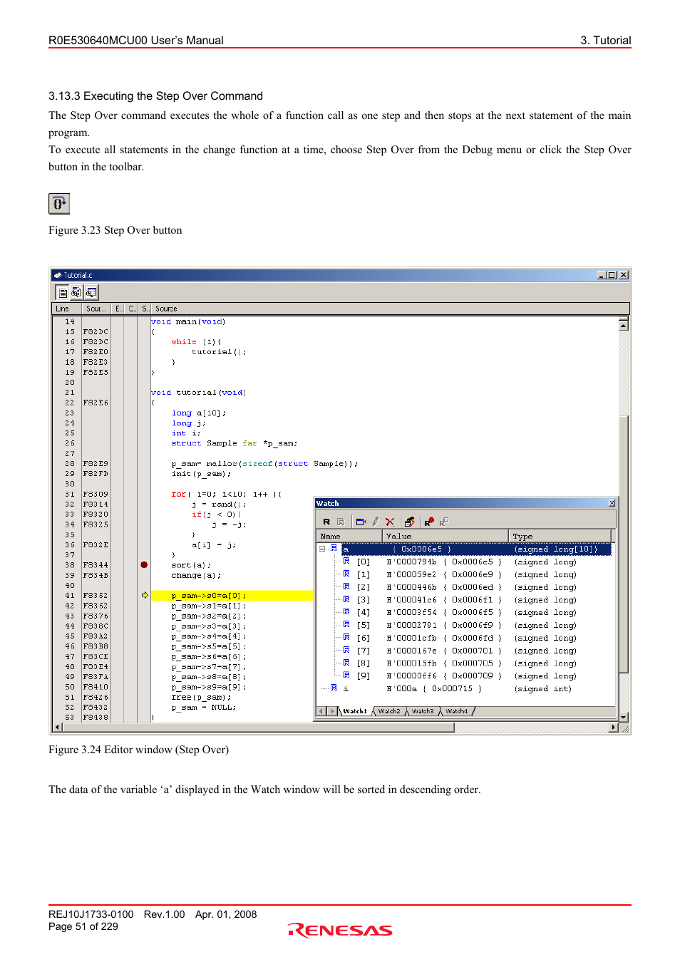 3 executing the step over command | Renesas R0E530640MCU00 User Manual | Page 51 / 229