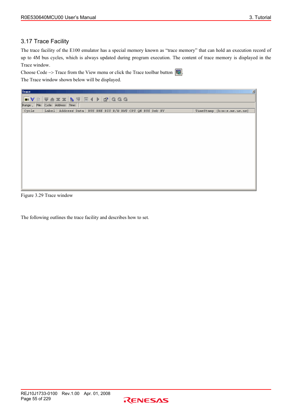 17 trace facility | Renesas R0E530640MCU00 User Manual | Page 55 / 229