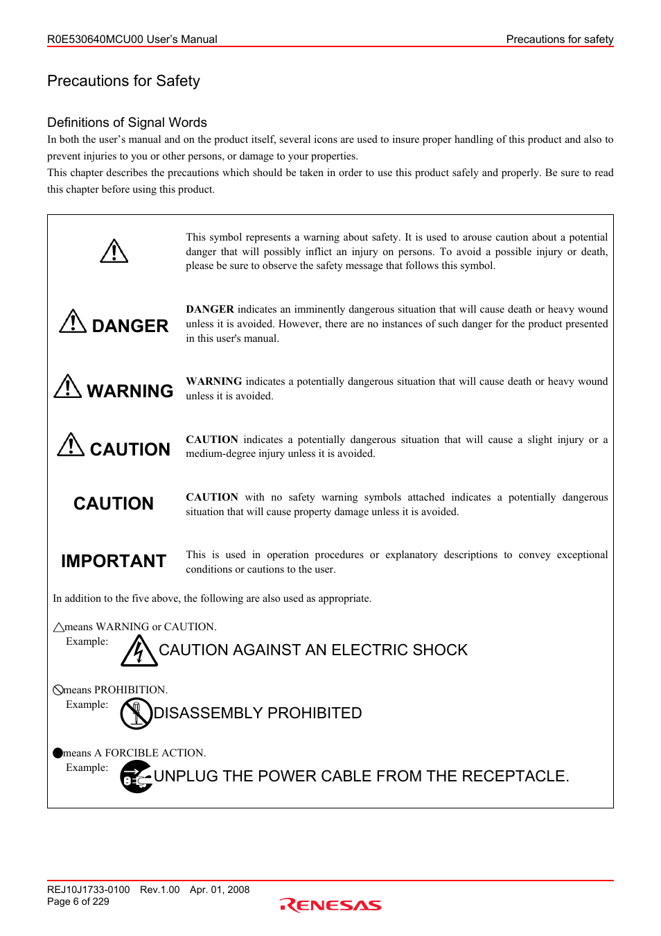 Precautions for safety, Danger, Warning | Caution, Important, Caution against an electric shock, Disassembly prohibited, Unplug the power cable from the receptacle | Renesas R0E530640MCU00 User Manual | Page 6 / 229