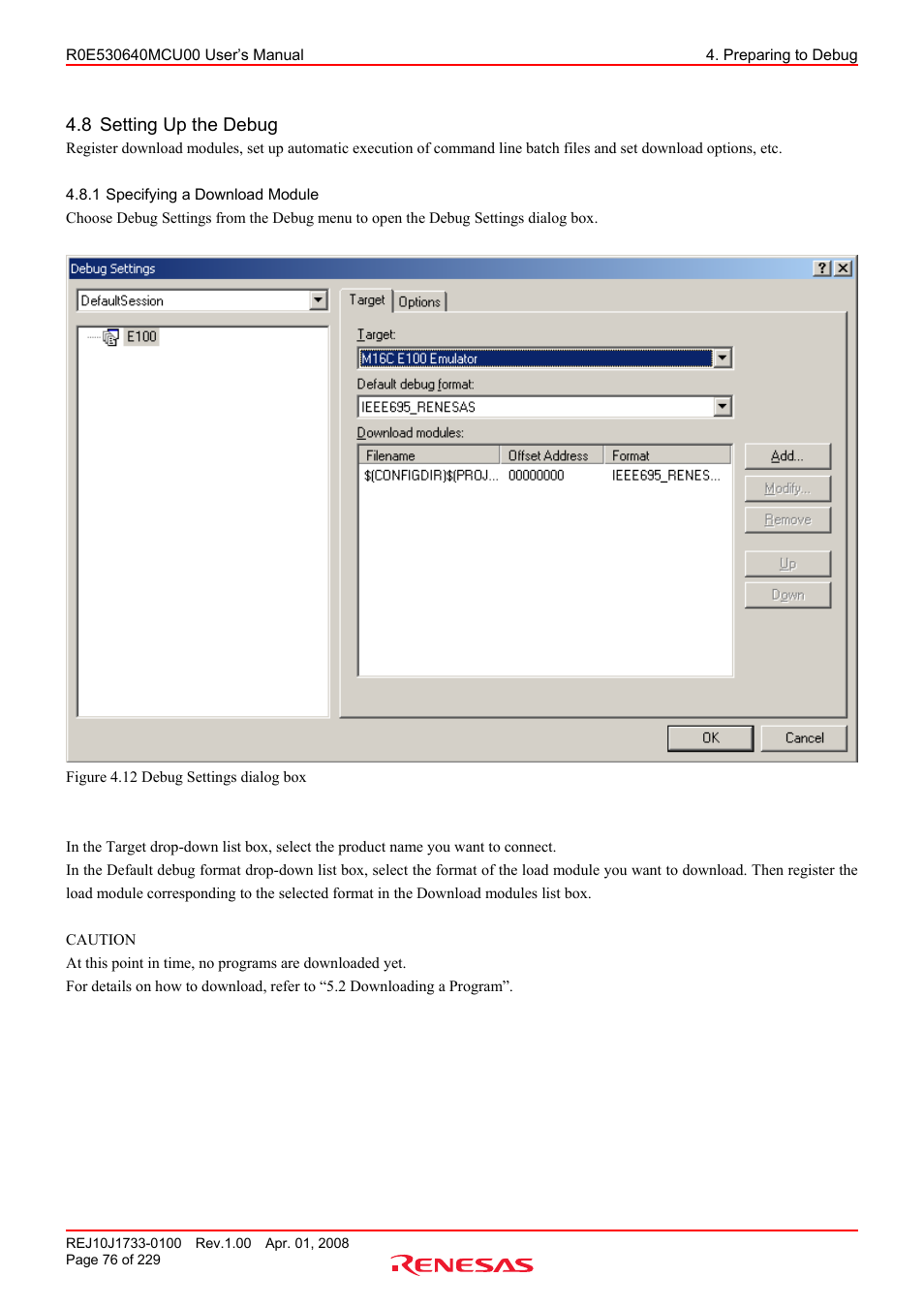 8 setting up the debug, 1 specifying a download module, Setting up the debug | Specifying a download module | Renesas R0E530640MCU00 User Manual | Page 76 / 229