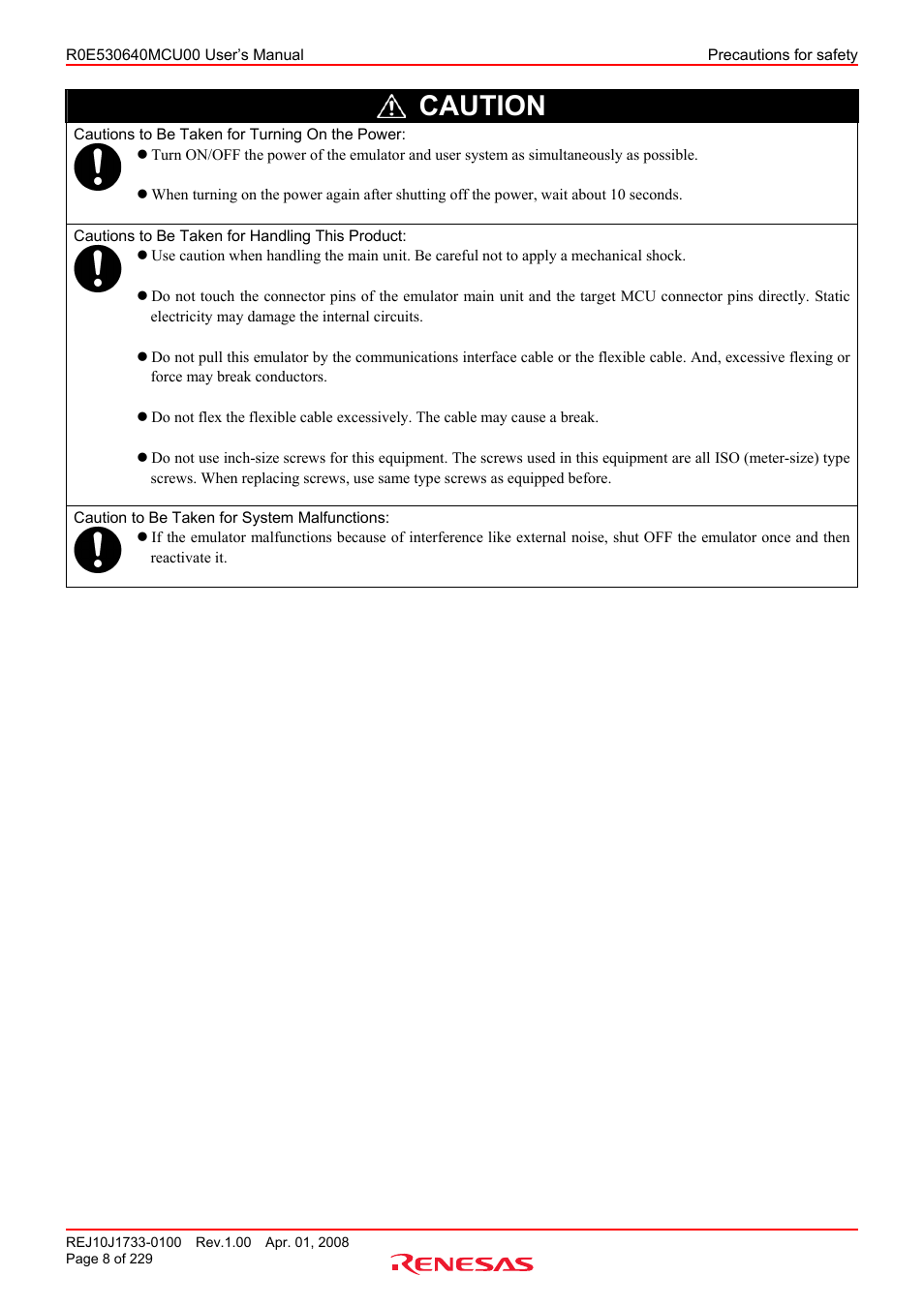 Caution | Renesas R0E530640MCU00 User Manual | Page 8 / 229