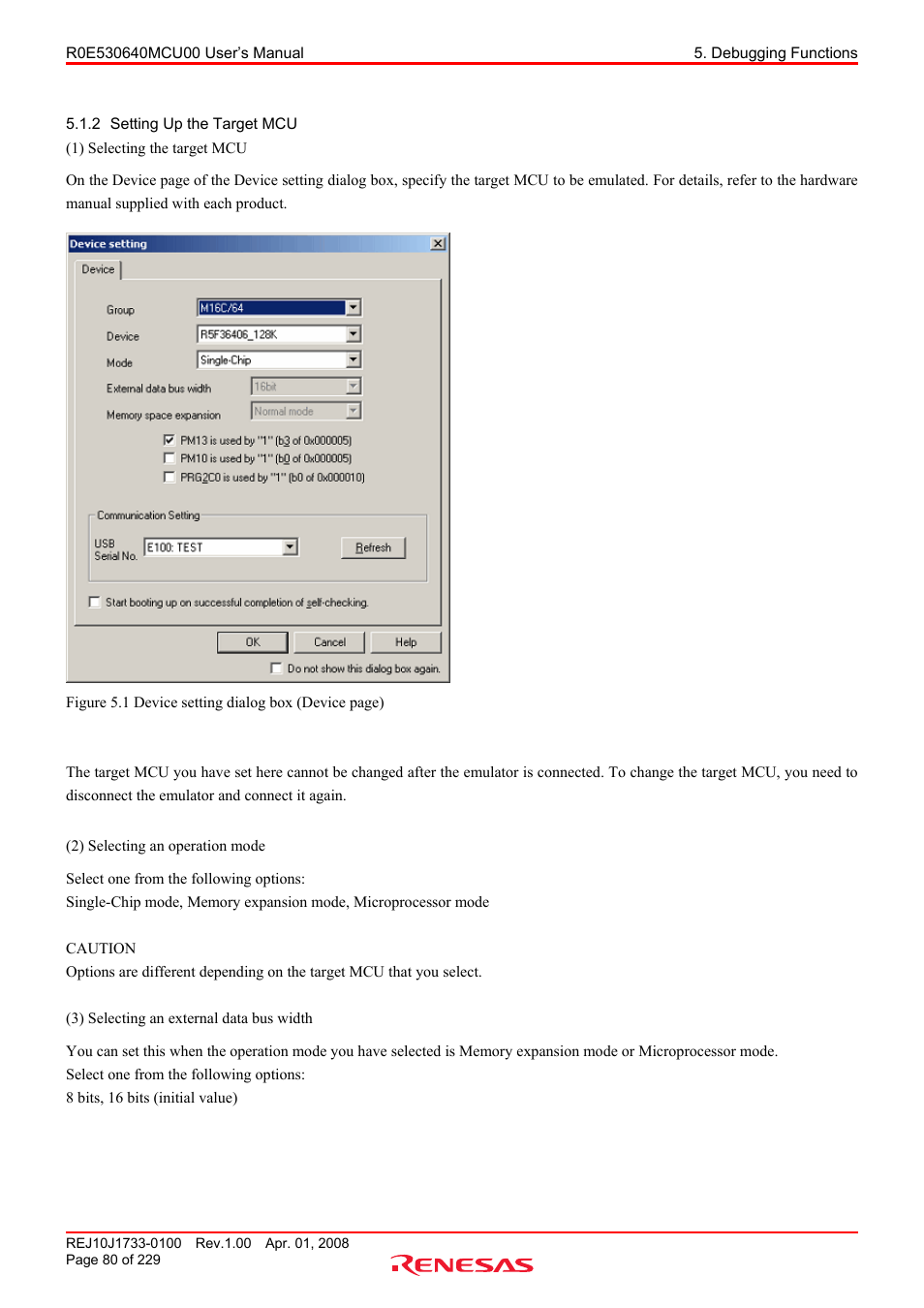 2 setting up the target mcu, Setting up the target mcu | Renesas R0E530640MCU00 User Manual | Page 80 / 229