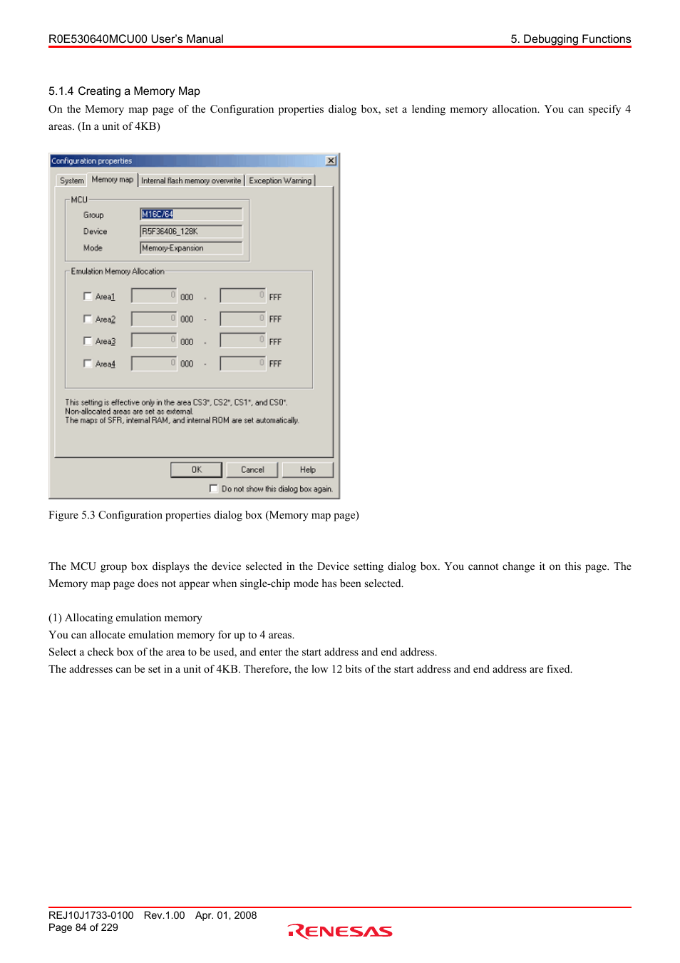 4 creating a memory map, Creating a memory map | Renesas R0E530640MCU00 User Manual | Page 84 / 229