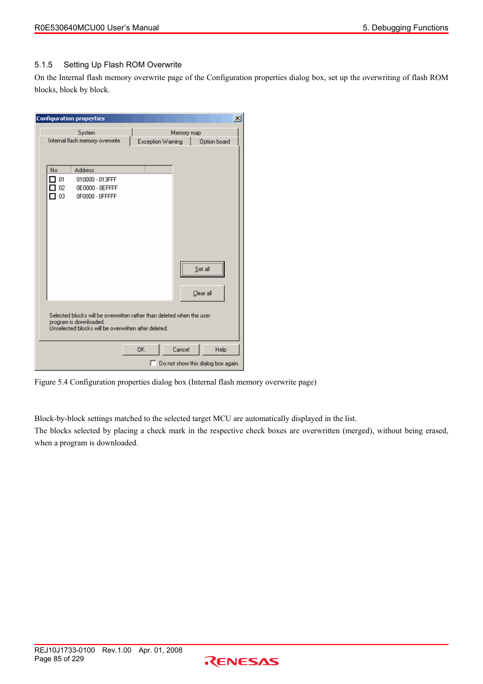 5 setting up flash rom overwrite, Setting up flash rom overwrite | Renesas R0E530640MCU00 User Manual | Page 85 / 229