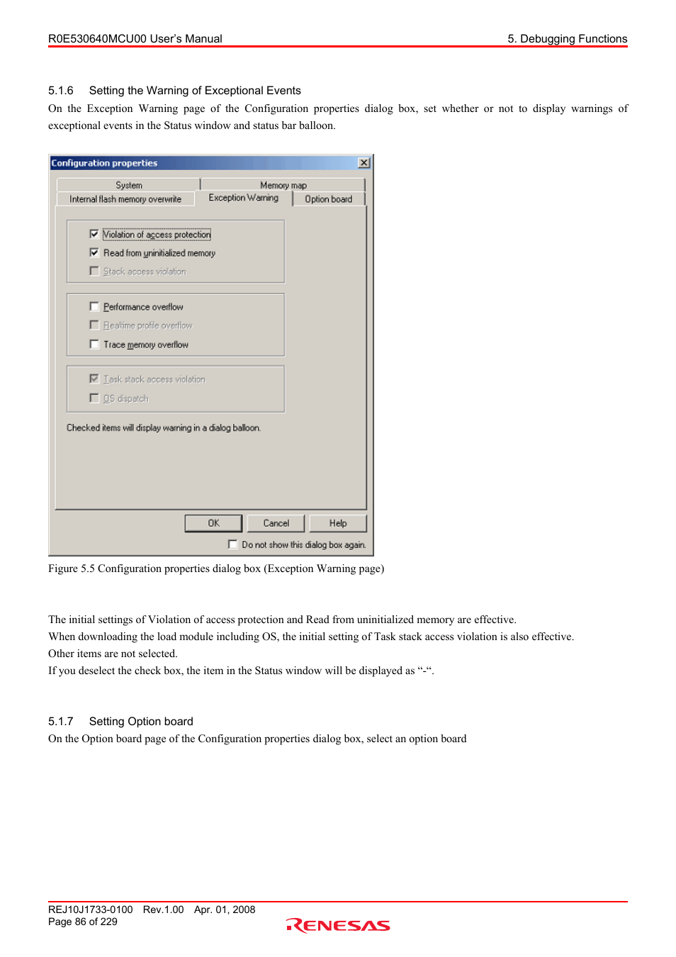 6 setting the warning of exceptional events, 7 setting option board, Setting the warning of exceptional events | Setting option board | Renesas R0E530640MCU00 User Manual | Page 86 / 229