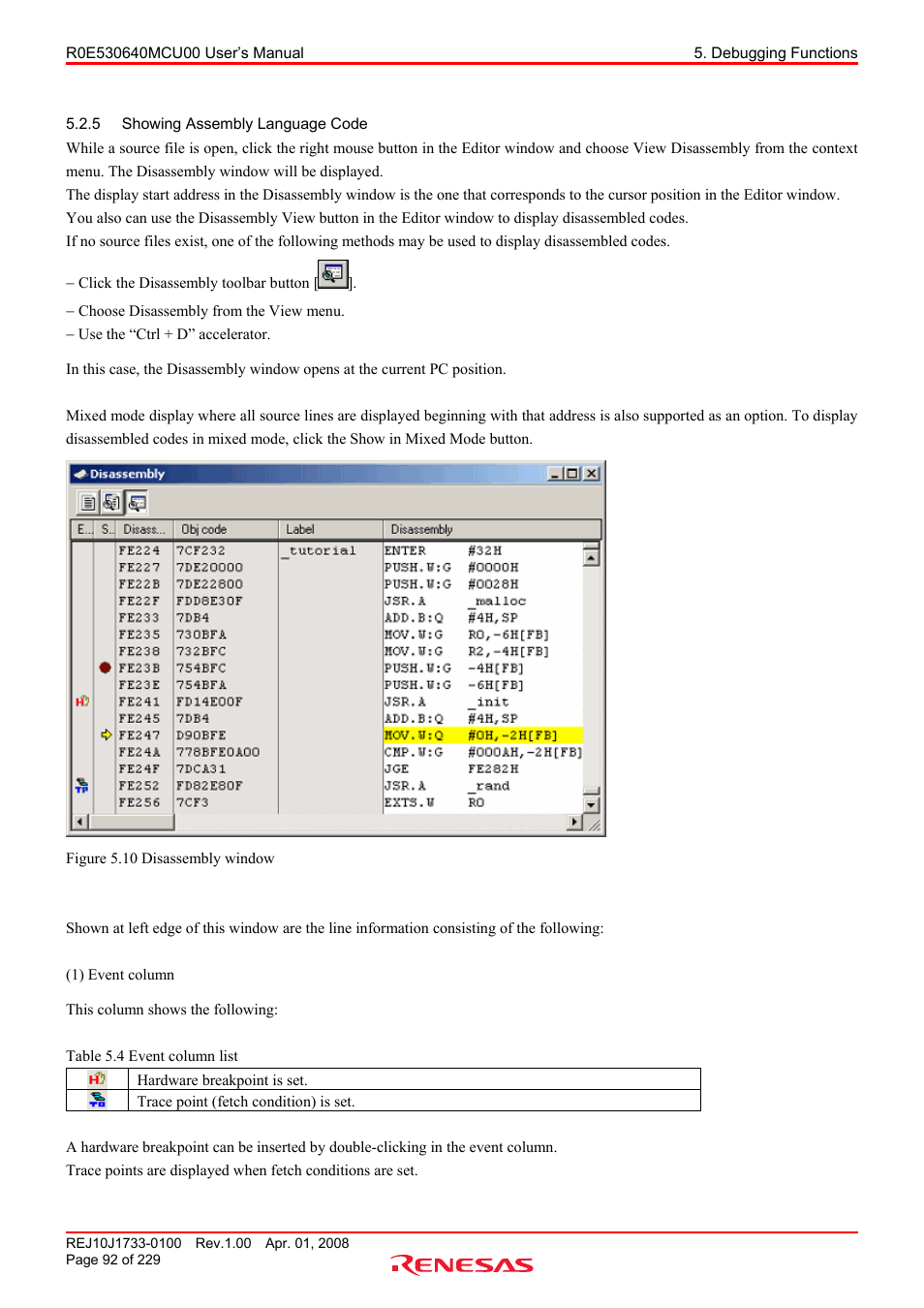 5 showing assembly language code, Showing assembly language code | Renesas R0E530640MCU00 User Manual | Page 92 / 229