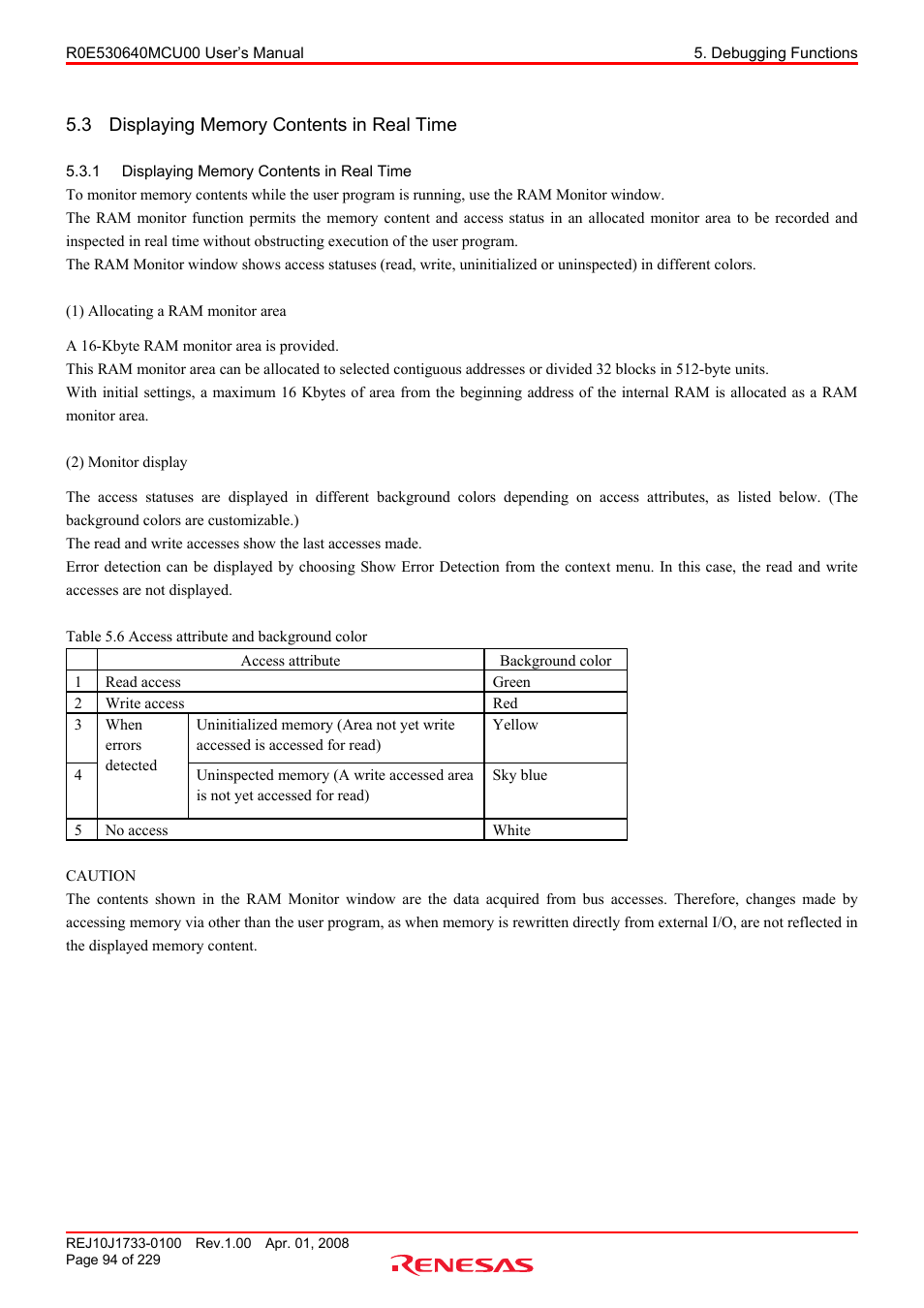 3 displaying memory contents in real time, 1 displaying memory contents in real time, Displaying memory contents in real time | Renesas R0E530640MCU00 User Manual | Page 94 / 229