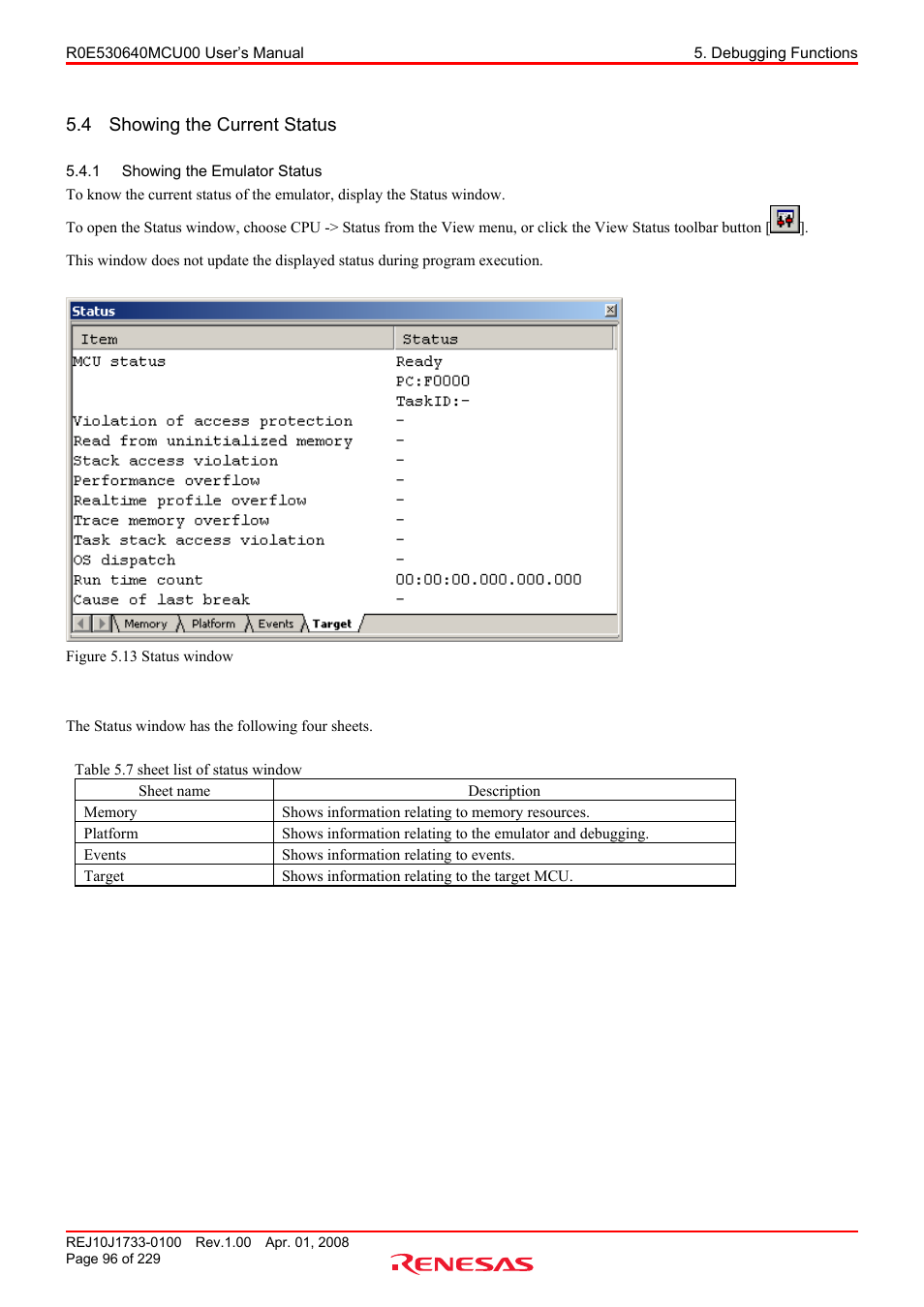4 showing the current status, 1 showing the emulator status, Showing the current status | Showing the emulator status | Renesas R0E530640MCU00 User Manual | Page 96 / 229