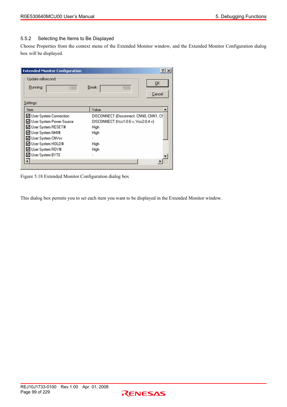 2 selecting the items to be displayed, Selecting the items to be displayed | Renesas R0E530640MCU00 User Manual | Page 99 / 229