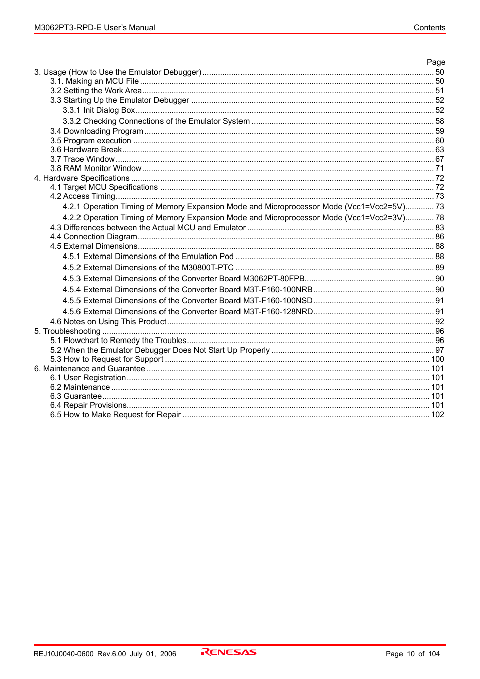 Renesas Emulation Pod M3062PT3-RPD-E User Manual | Page 10 / 104