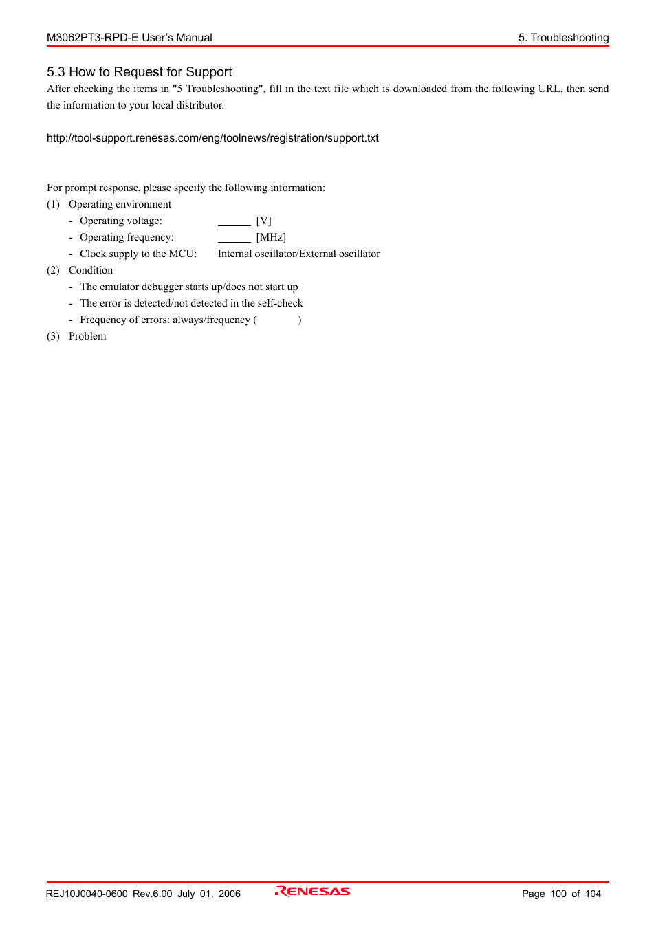 3 how to request for support | Renesas Emulation Pod M3062PT3-RPD-E User Manual | Page 100 / 104