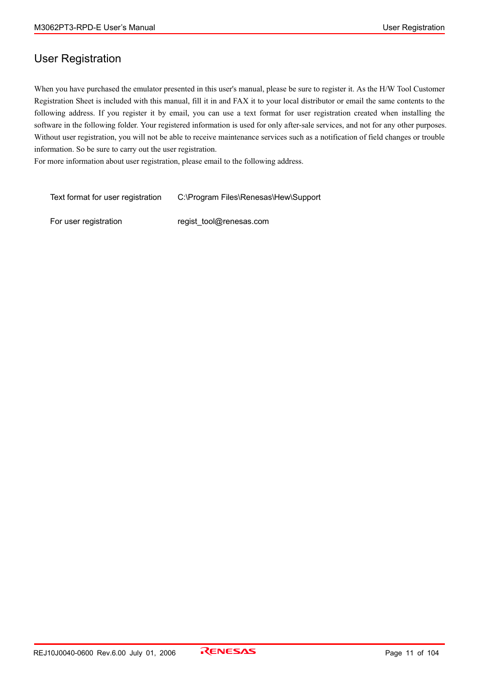 User registration | Renesas Emulation Pod M3062PT3-RPD-E User Manual | Page 11 / 104