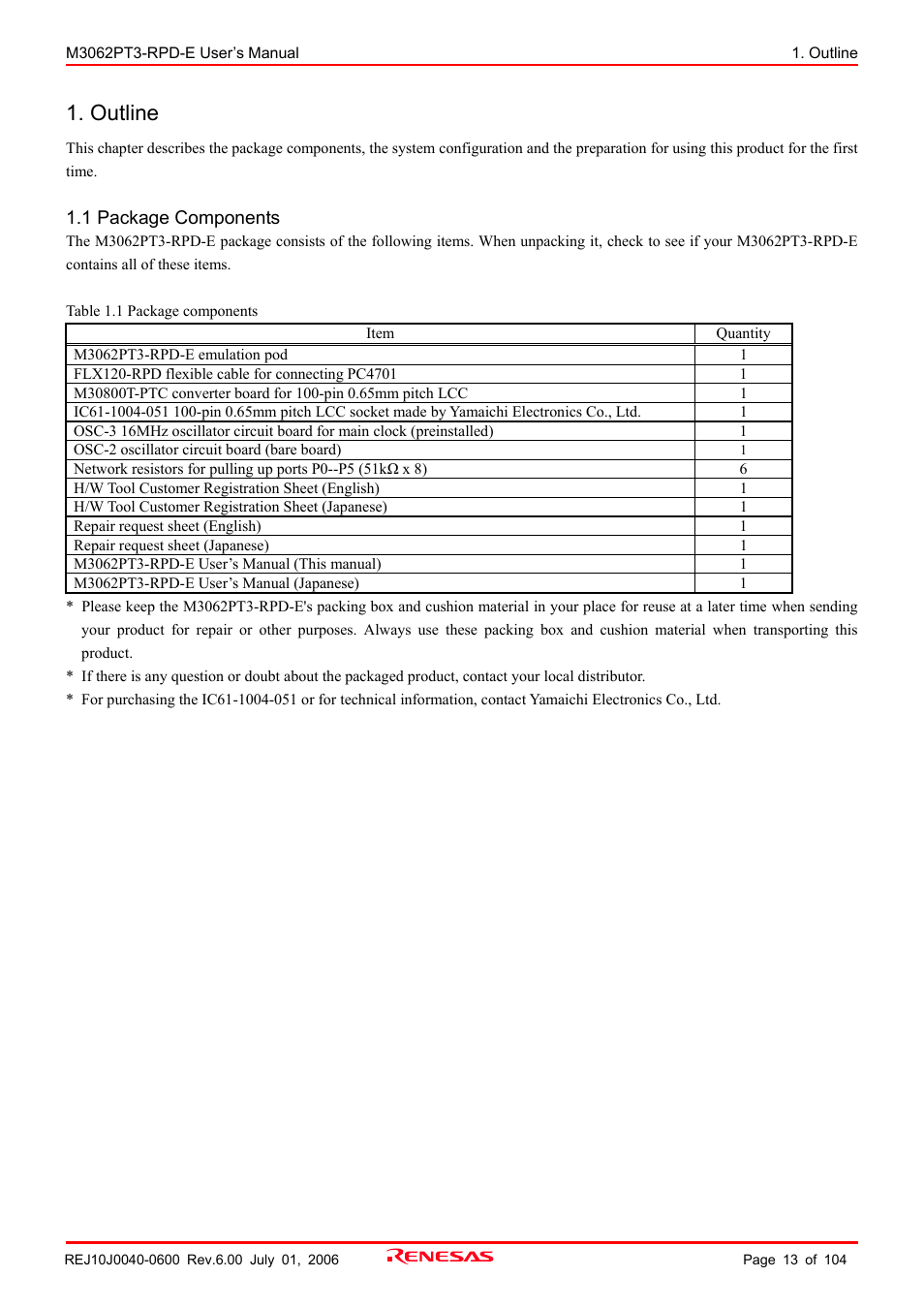 Outline, 1 package components | Renesas Emulation Pod M3062PT3-RPD-E User Manual | Page 13 / 104