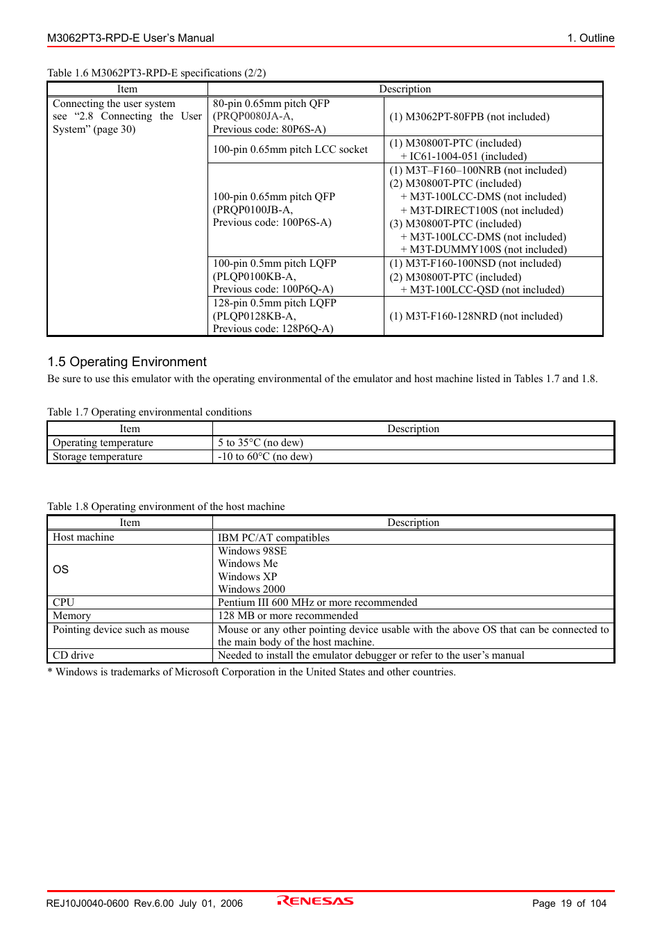 5 operating environment | Renesas Emulation Pod M3062PT3-RPD-E User Manual | Page 19 / 104