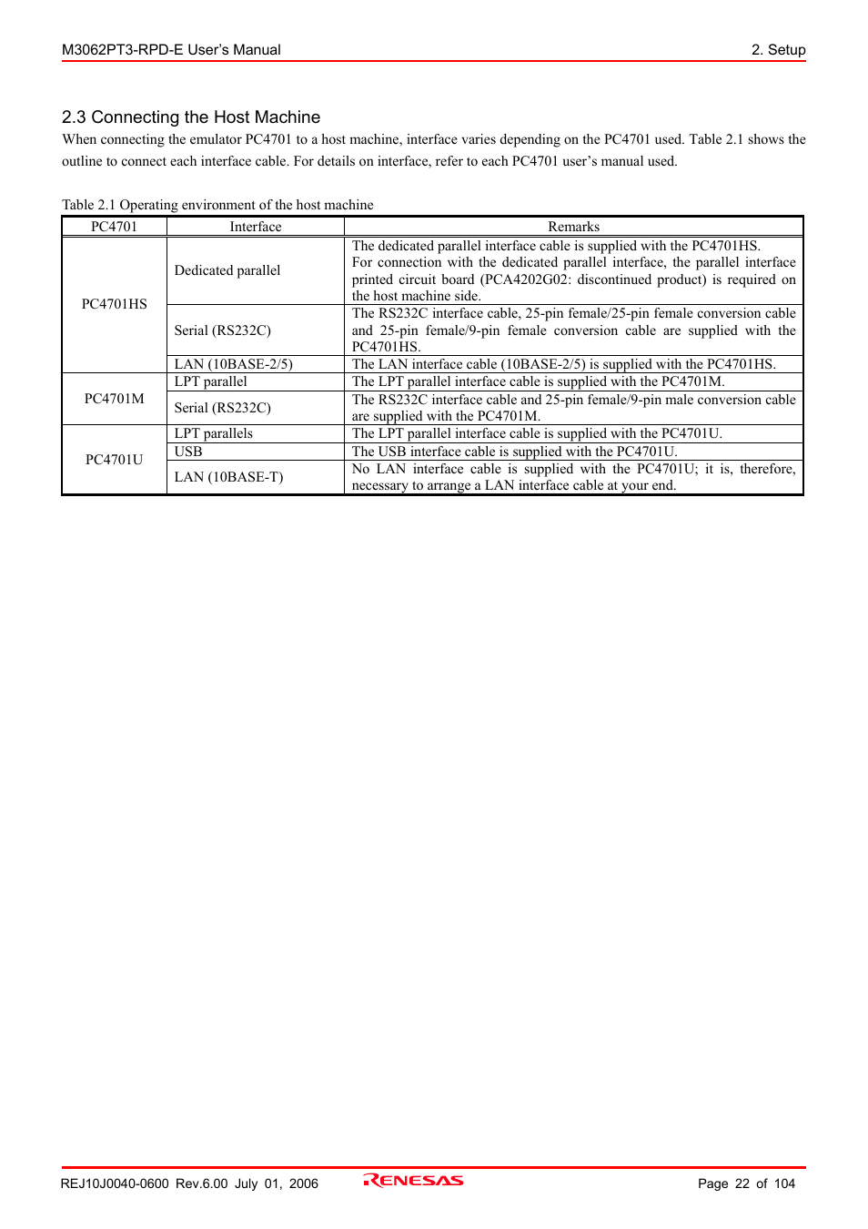 3 connecting the host machine | Renesas Emulation Pod M3062PT3-RPD-E User Manual | Page 22 / 104