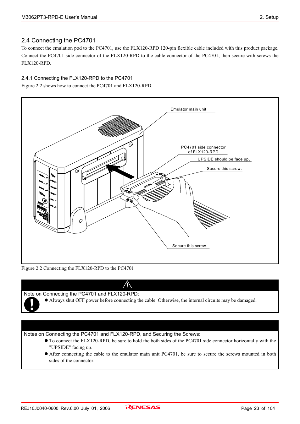 4 connecting the pc4701, 1 connecting the flx120-rpd to the pc4701, Caution | Important | Renesas Emulation Pod M3062PT3-RPD-E User Manual | Page 23 / 104