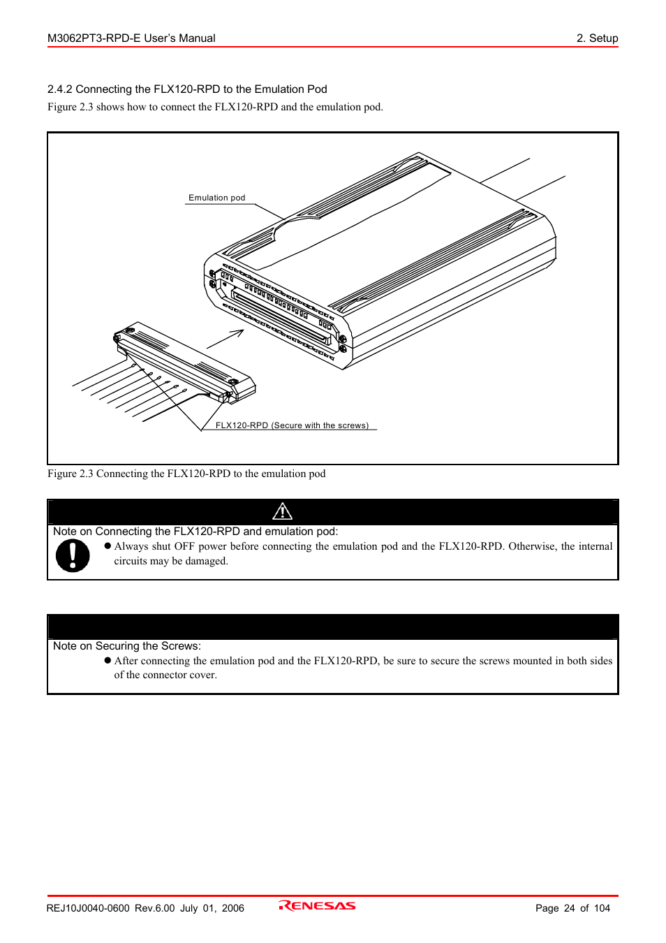 2 connecting the flx120-rpd to the emulation pod, Caution, Important | Renesas Emulation Pod M3062PT3-RPD-E User Manual | Page 24 / 104