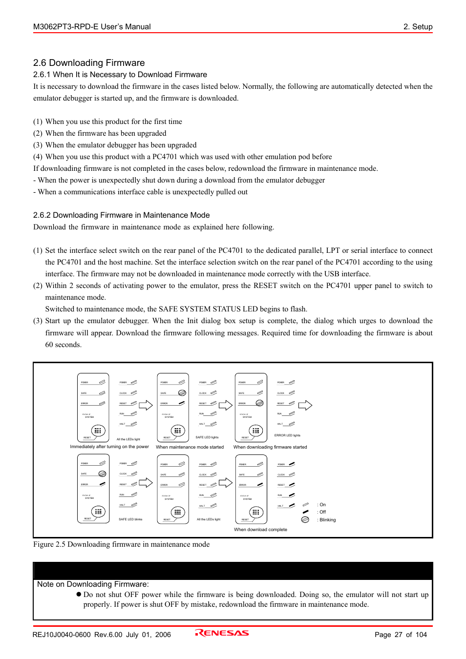 6 downloading firmware, 1 when it is necessary to download firmware, 2 downloading firmware in maintenance mode | Important | Renesas Emulation Pod M3062PT3-RPD-E User Manual | Page 27 / 104