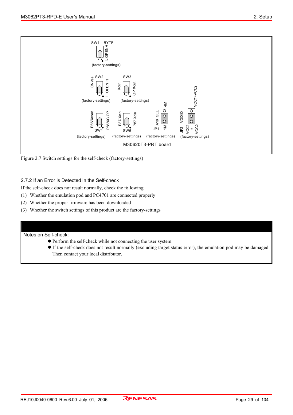 2 if an error is detected in the self-check, Important | Renesas Emulation Pod M3062PT3-RPD-E User Manual | Page 29 / 104