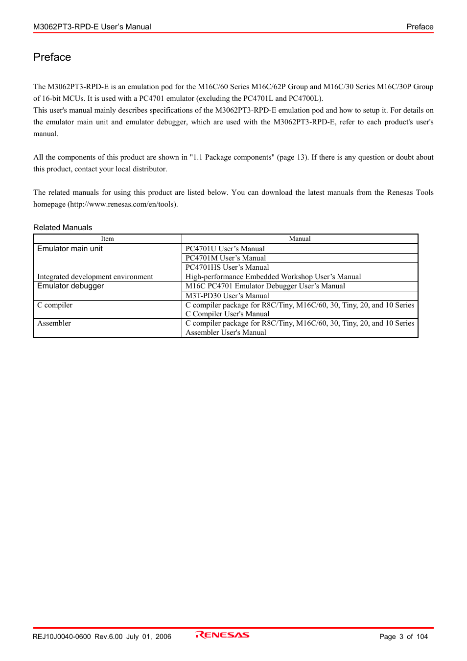 Preface | Renesas Emulation Pod M3062PT3-RPD-E User Manual | Page 3 / 104