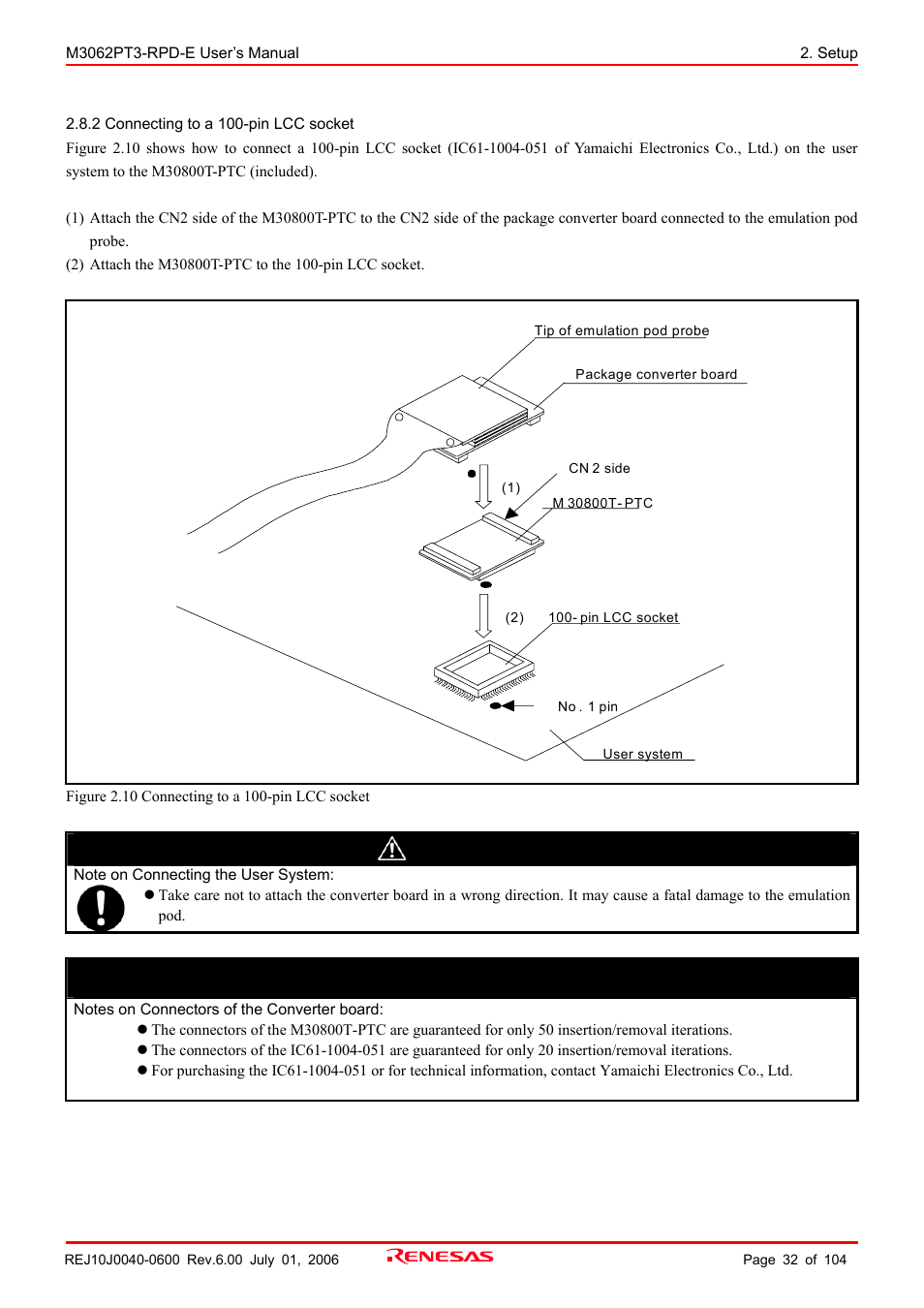 2 connecting to a 100-pin lcc socket, Caution, Important | Renesas Emulation Pod M3062PT3-RPD-E User Manual | Page 32 / 104