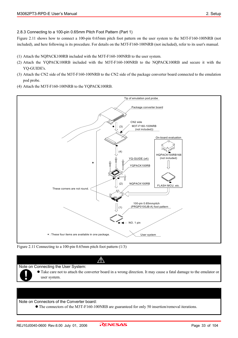 Caution, Important | Renesas Emulation Pod M3062PT3-RPD-E User Manual | Page 33 / 104