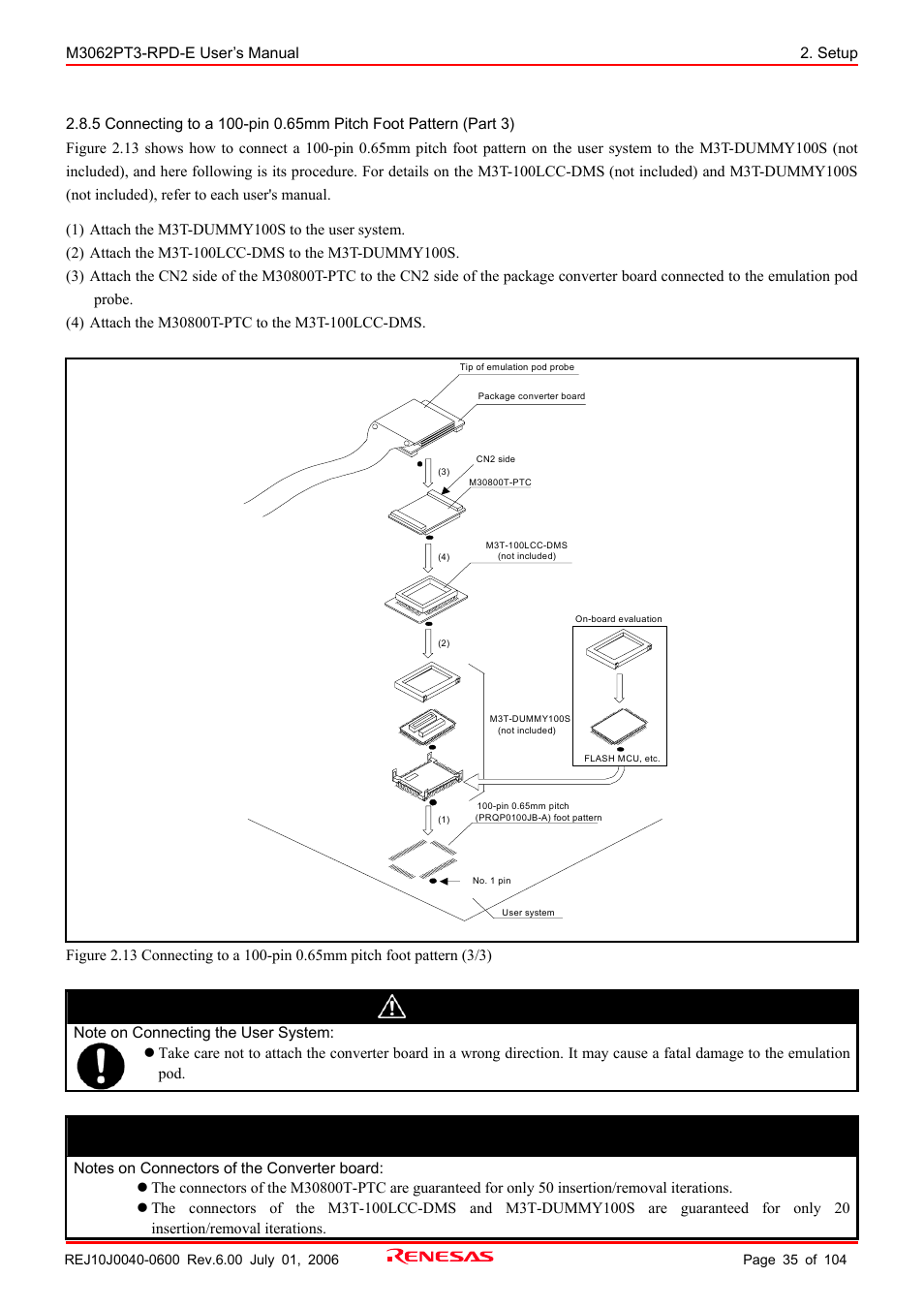 Caution, Important | Renesas Emulation Pod M3062PT3-RPD-E User Manual | Page 35 / 104