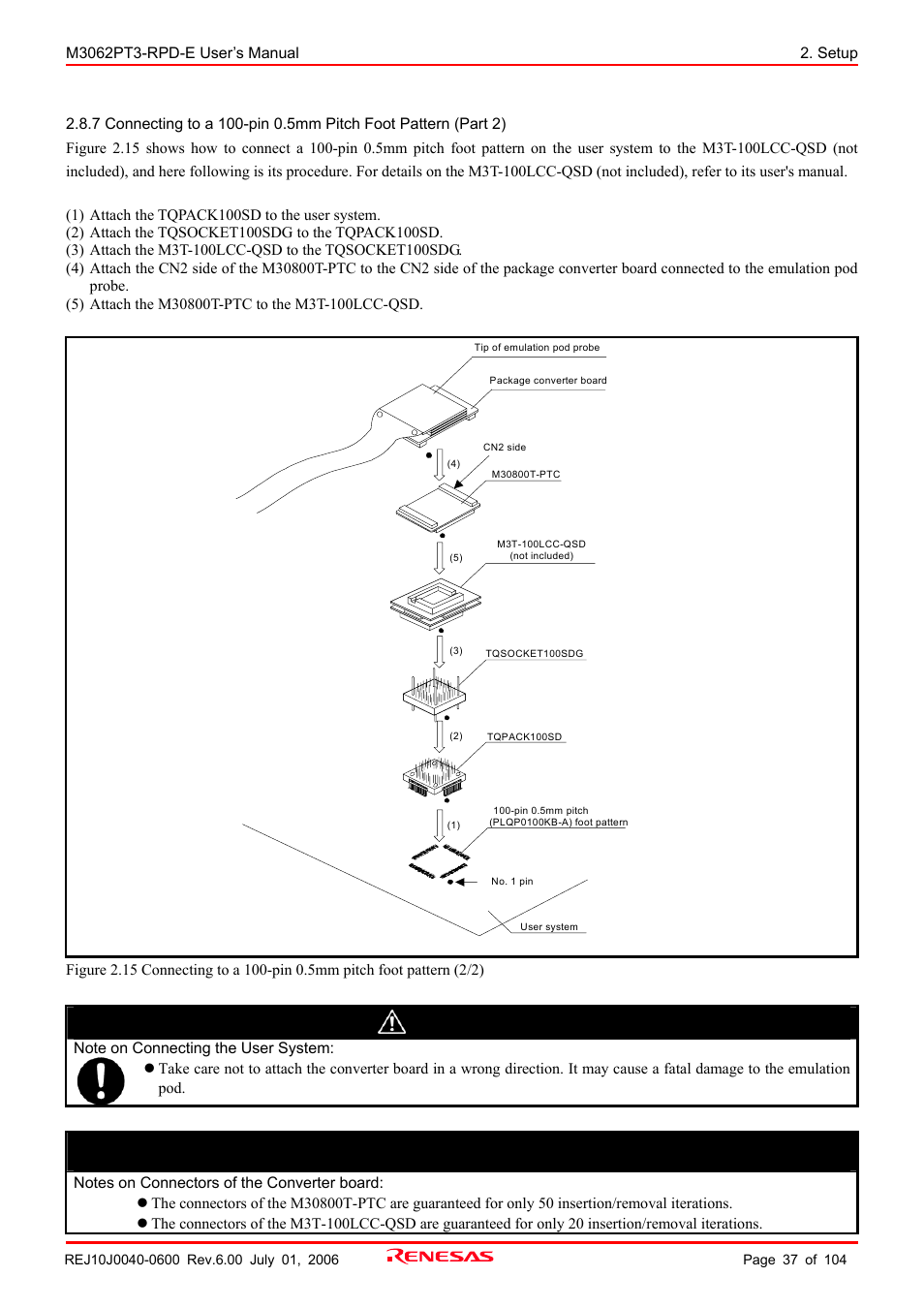 Caution, Important | Renesas Emulation Pod M3062PT3-RPD-E User Manual | Page 37 / 104