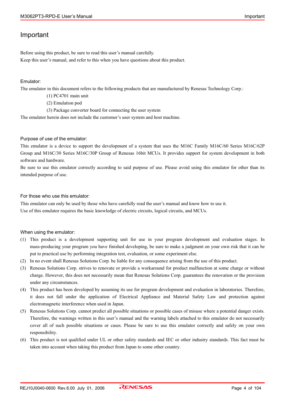 Important | Renesas Emulation Pod M3062PT3-RPD-E User Manual | Page 4 / 104