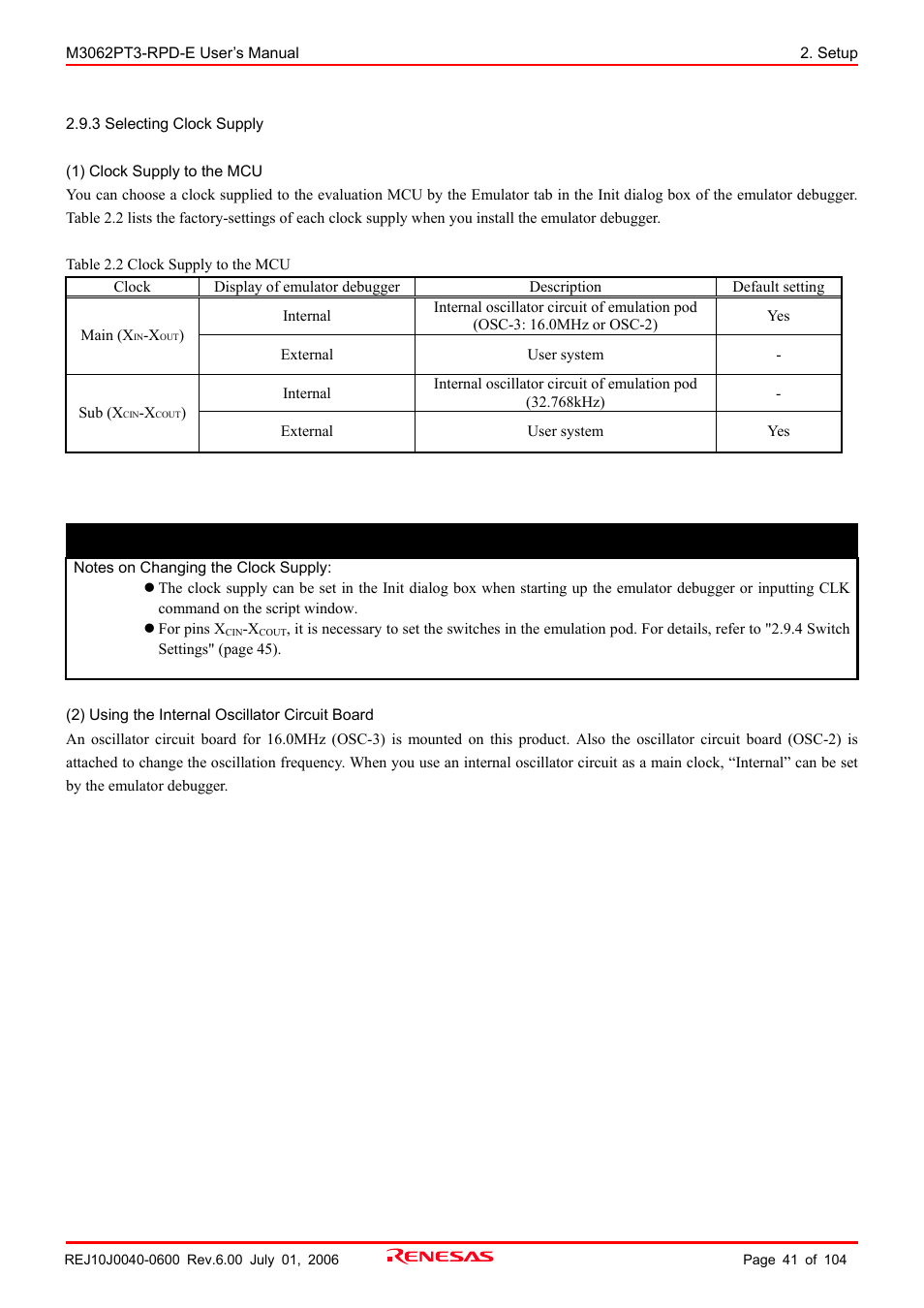 3 selecting clock supply, Important | Renesas Emulation Pod M3062PT3-RPD-E User Manual | Page 41 / 104