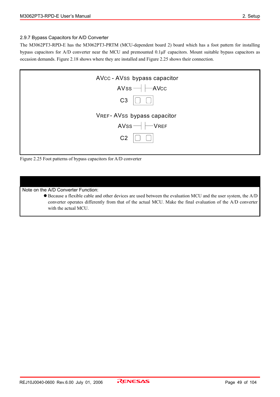 7 bypass capacitors for a/d converter, Important | Renesas Emulation Pod M3062PT3-RPD-E User Manual | Page 49 / 104