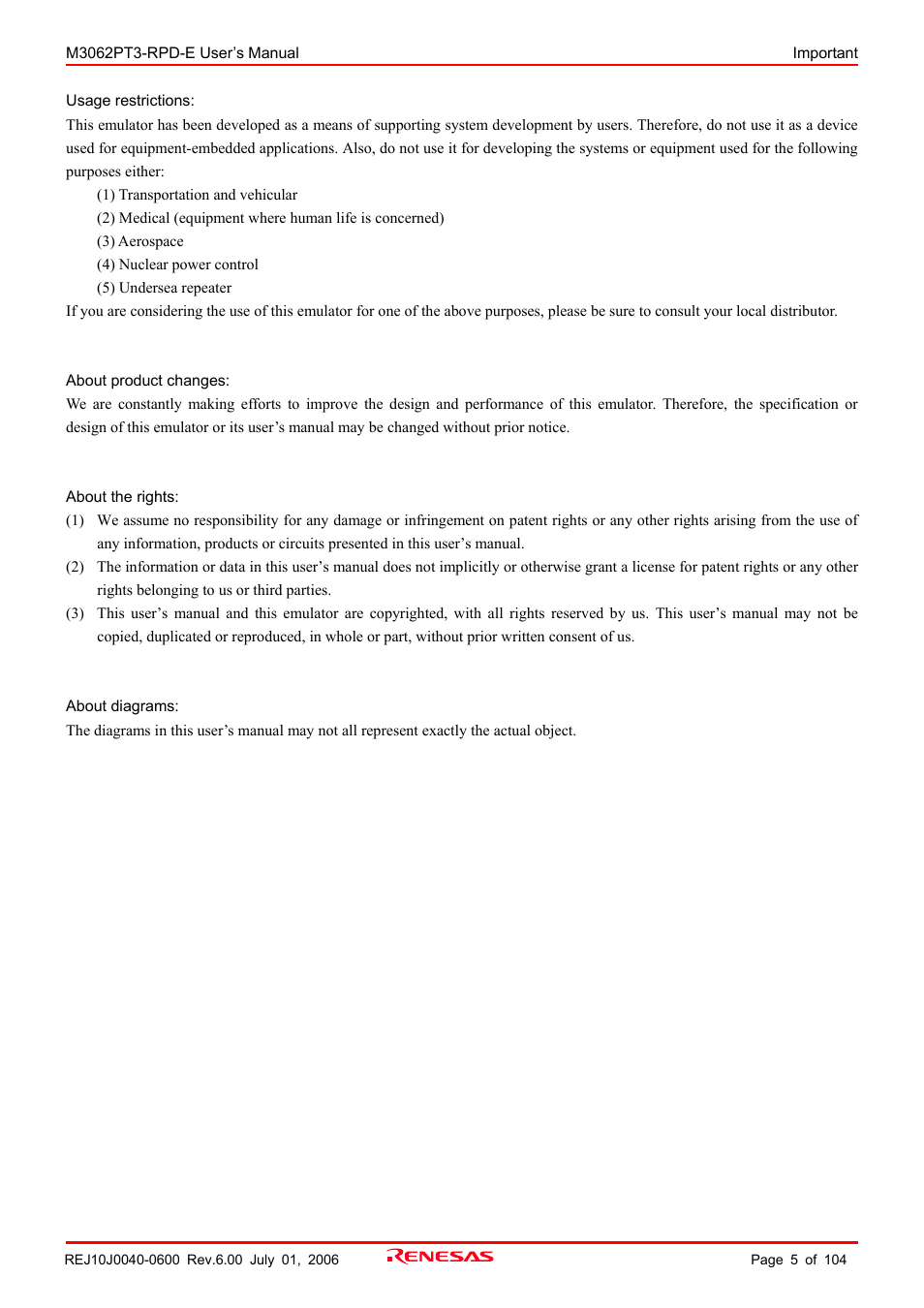 Renesas Emulation Pod M3062PT3-RPD-E User Manual | Page 5 / 104