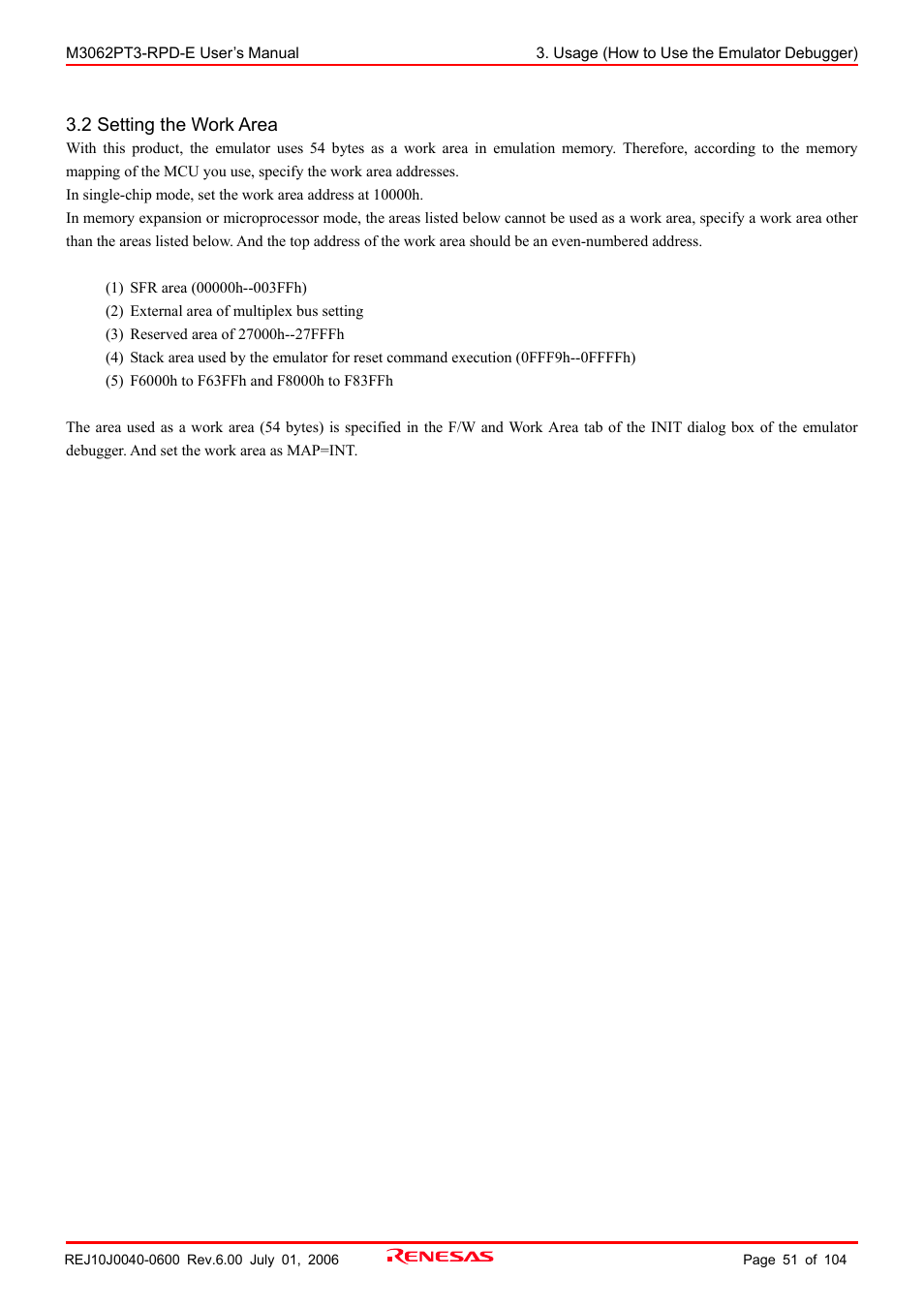 2 setting the work area | Renesas Emulation Pod M3062PT3-RPD-E User Manual | Page 51 / 104