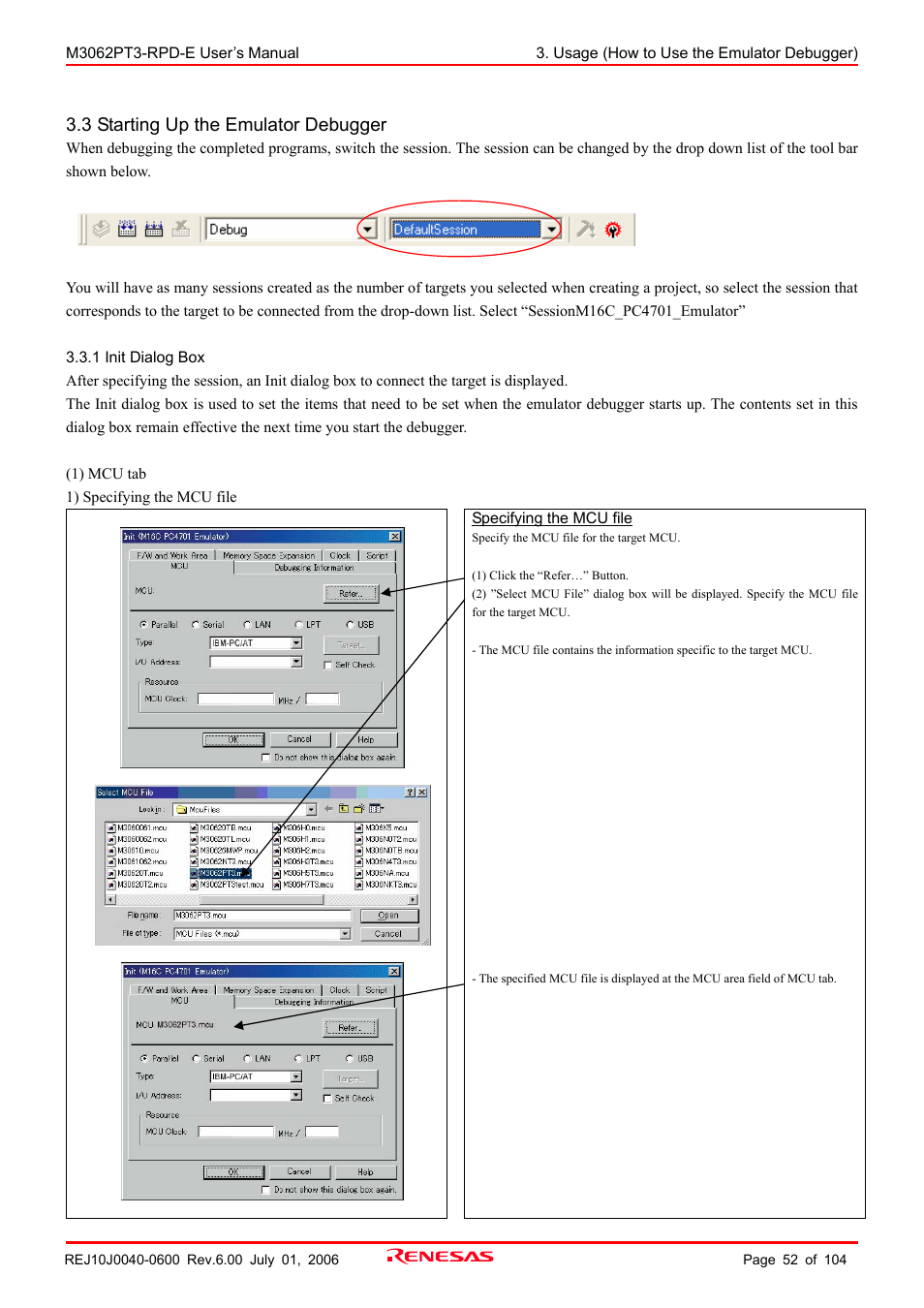 3 starting up the emulator debugger, 1 init dialog box | Renesas Emulation Pod M3062PT3-RPD-E User Manual | Page 52 / 104