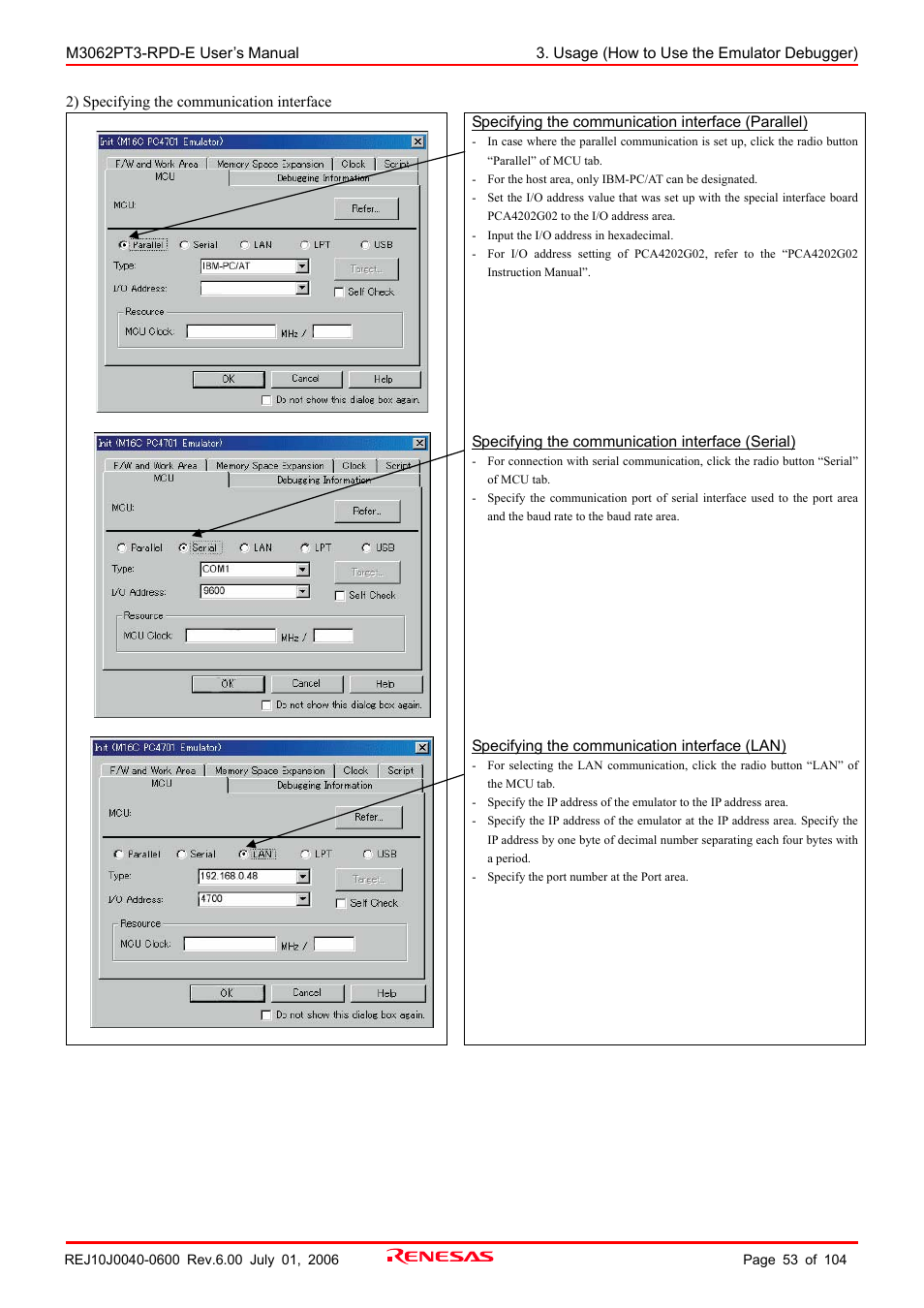 Renesas Emulation Pod M3062PT3-RPD-E User Manual | Page 53 / 104