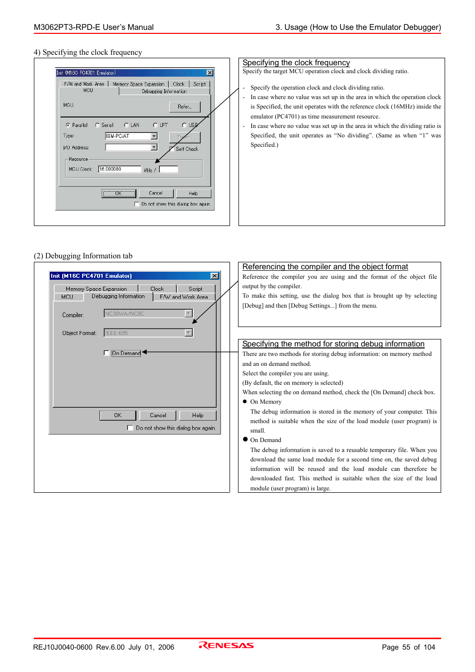 Renesas Emulation Pod M3062PT3-RPD-E User Manual | Page 55 / 104