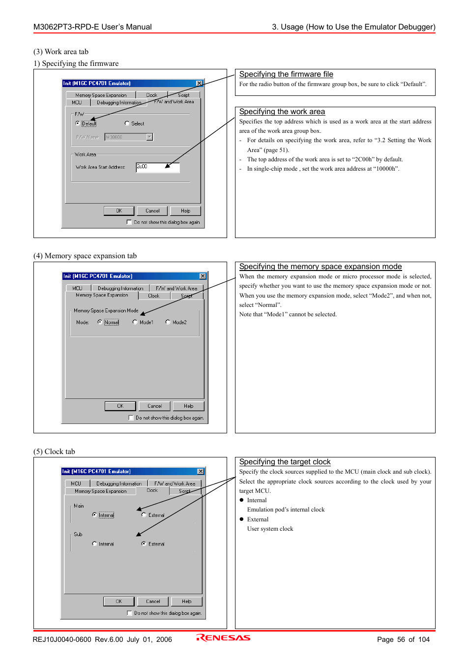 Renesas Emulation Pod M3062PT3-RPD-E User Manual | Page 56 / 104
