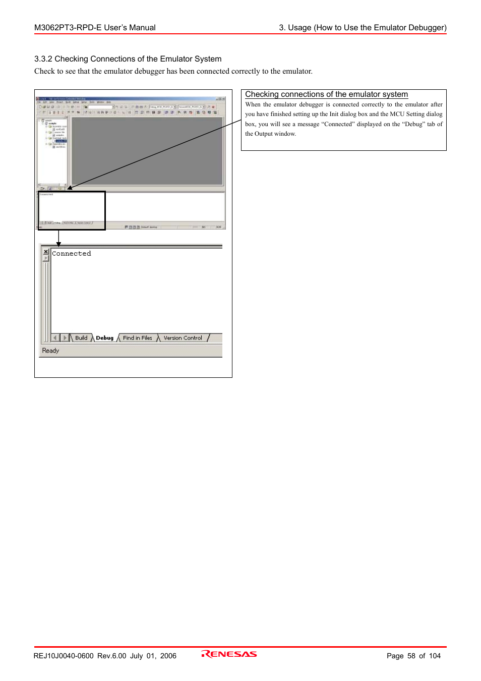 2 checking connections of the emulator system | Renesas Emulation Pod M3062PT3-RPD-E User Manual | Page 58 / 104