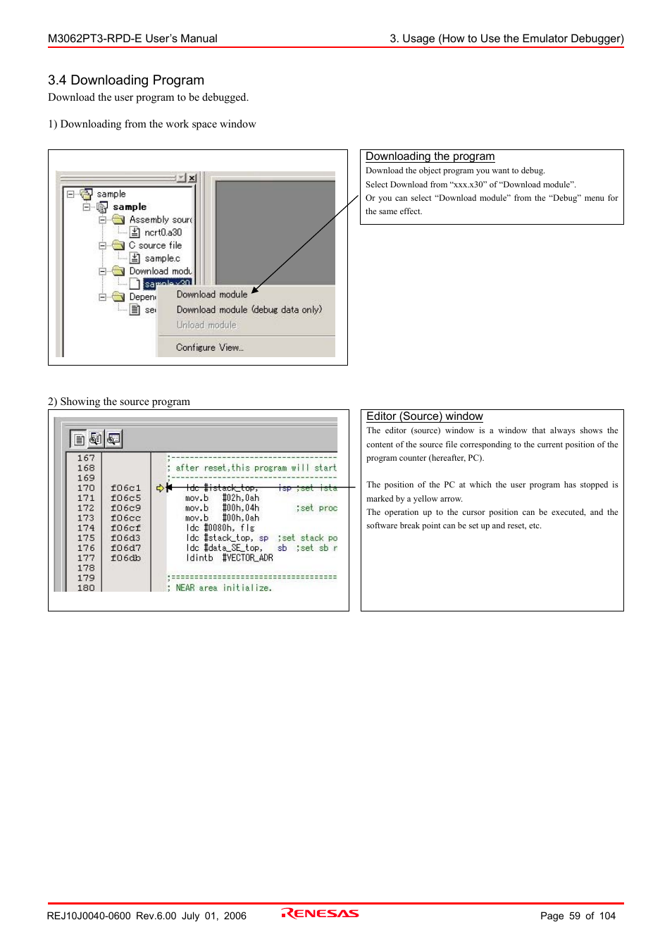 4 downloading program | Renesas Emulation Pod M3062PT3-RPD-E User Manual | Page 59 / 104