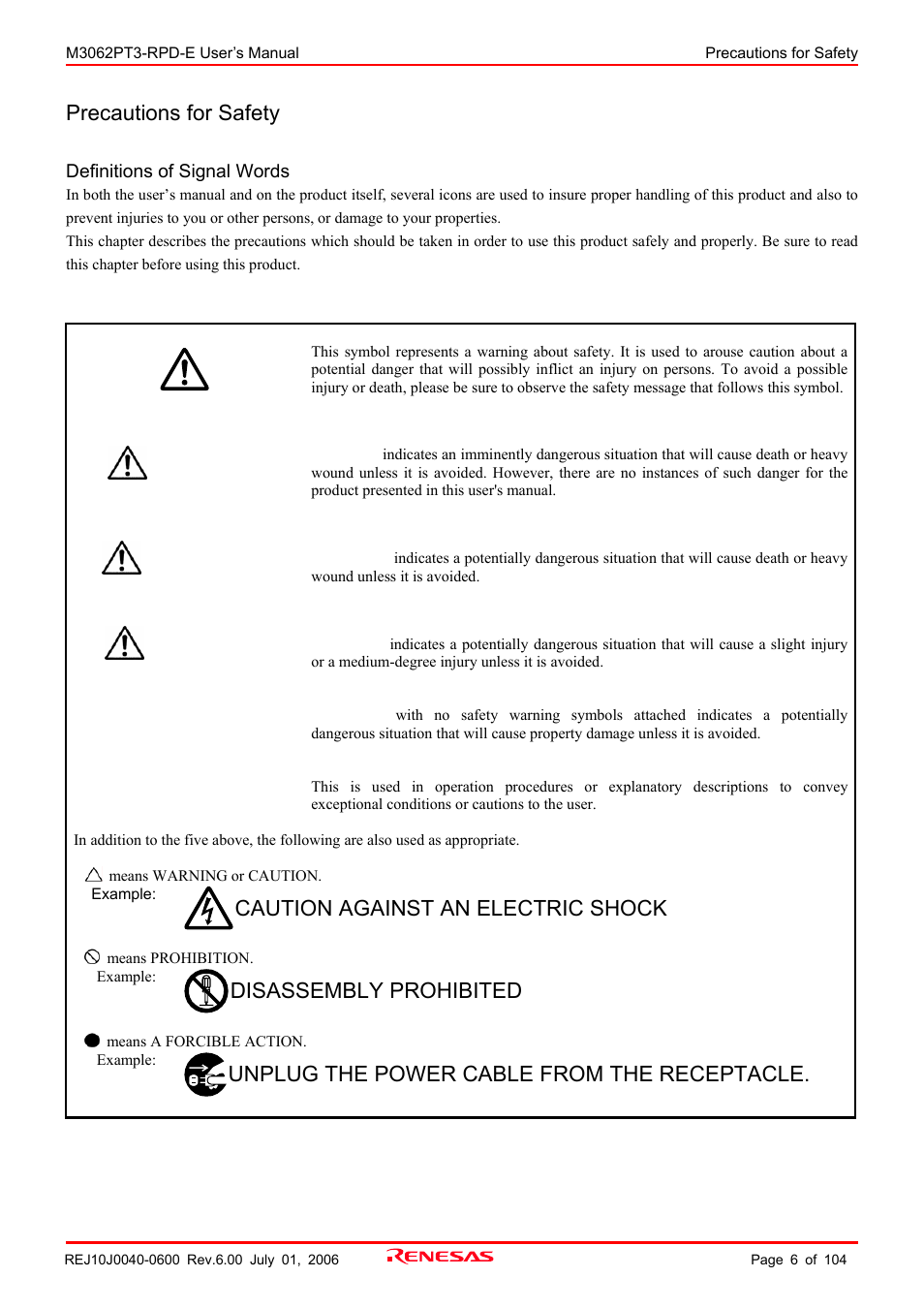 Precautions for safety, Danger, Warning | Caution, Important, Caution against an electric shock, Disassembly prohibited, Unplug the power cable from the receptacle | Renesas Emulation Pod M3062PT3-RPD-E User Manual | Page 6 / 104