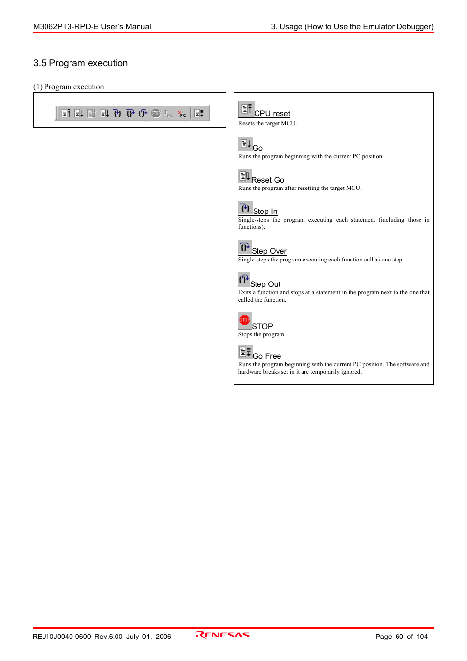 5 program execution | Renesas Emulation Pod M3062PT3-RPD-E User Manual | Page 60 / 104