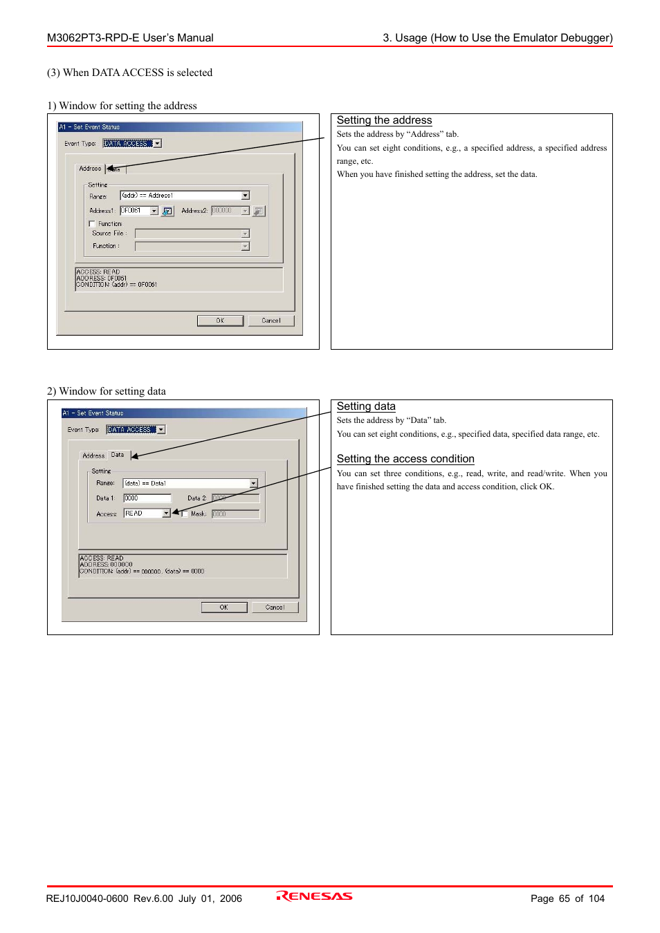 Renesas Emulation Pod M3062PT3-RPD-E User Manual | Page 65 / 104