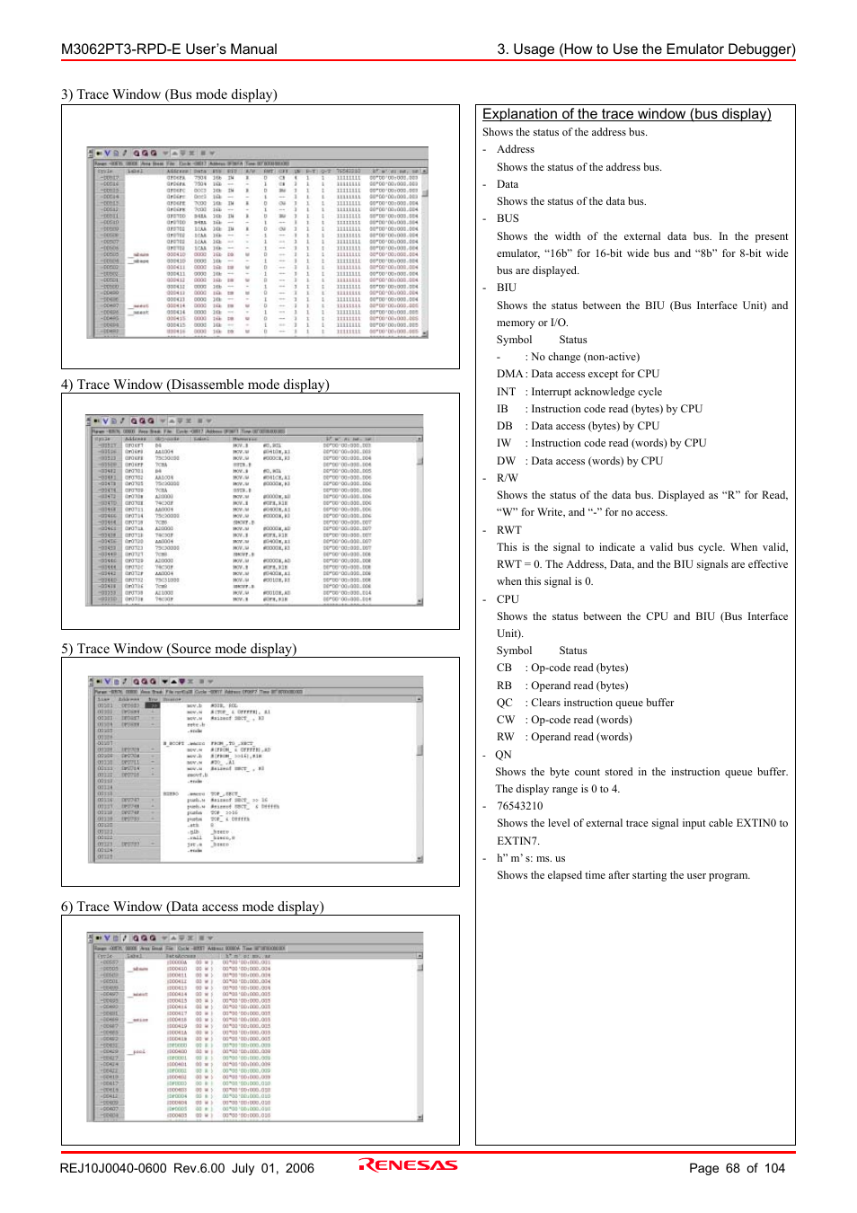 Renesas Emulation Pod M3062PT3-RPD-E User Manual | Page 68 / 104