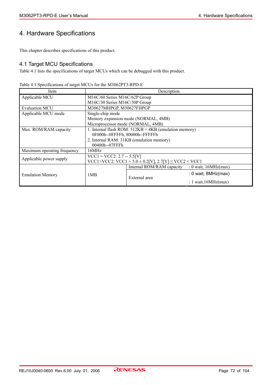 Hardware specifications, 1 target mcu specifications | Renesas Emulation Pod M3062PT3-RPD-E User Manual | Page 72 / 104