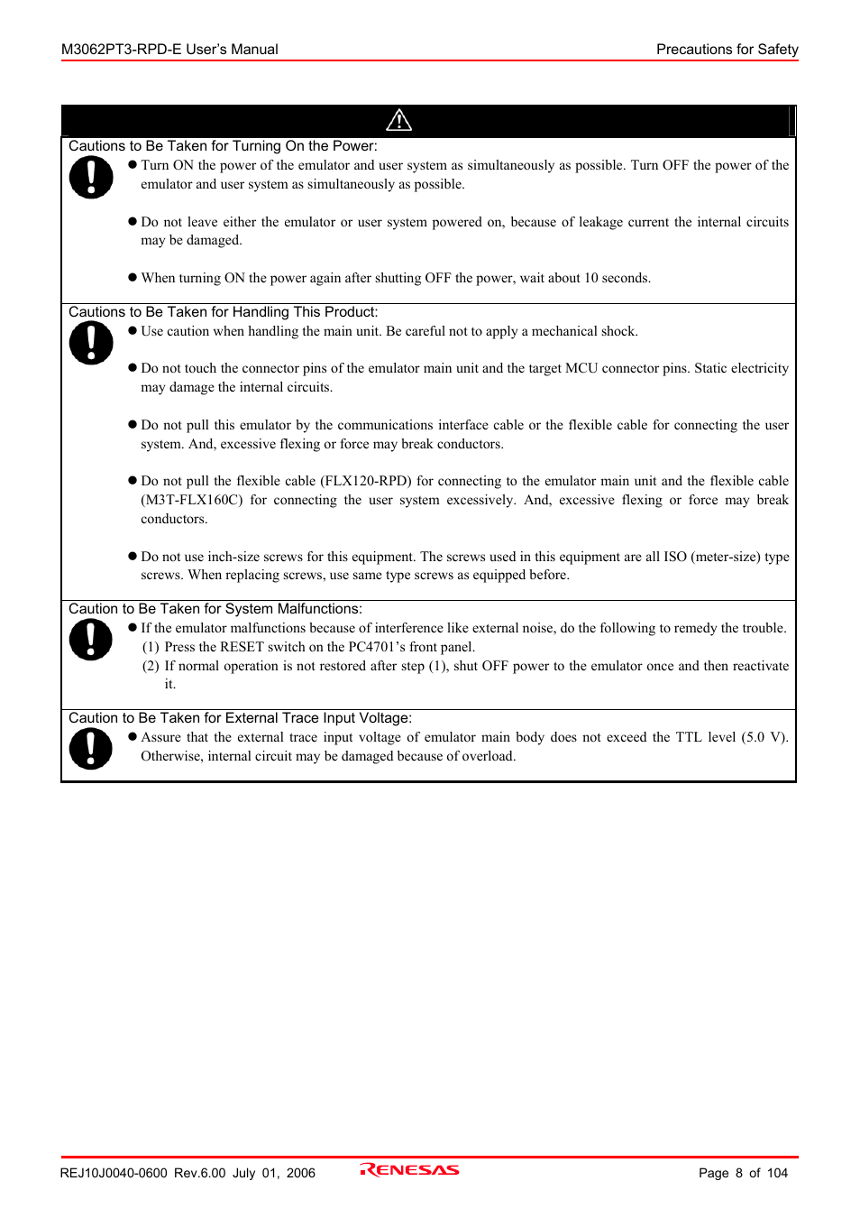 Caution | Renesas Emulation Pod M3062PT3-RPD-E User Manual | Page 8 / 104
