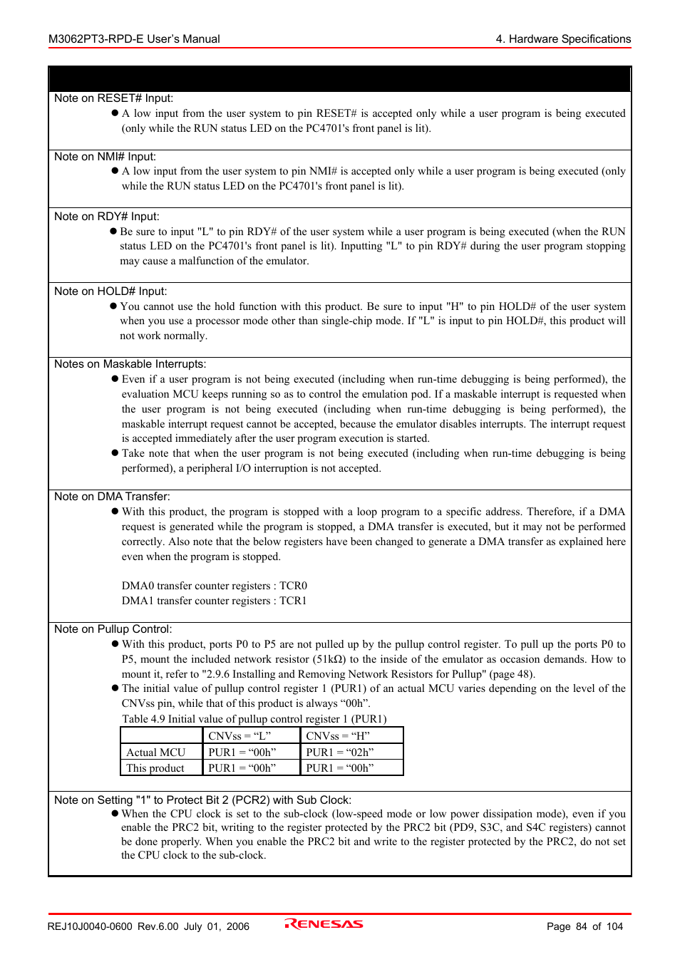 Important | Renesas Emulation Pod M3062PT3-RPD-E User Manual | Page 84 / 104