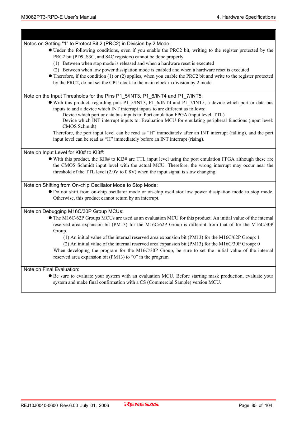 Important | Renesas Emulation Pod M3062PT3-RPD-E User Manual | Page 85 / 104