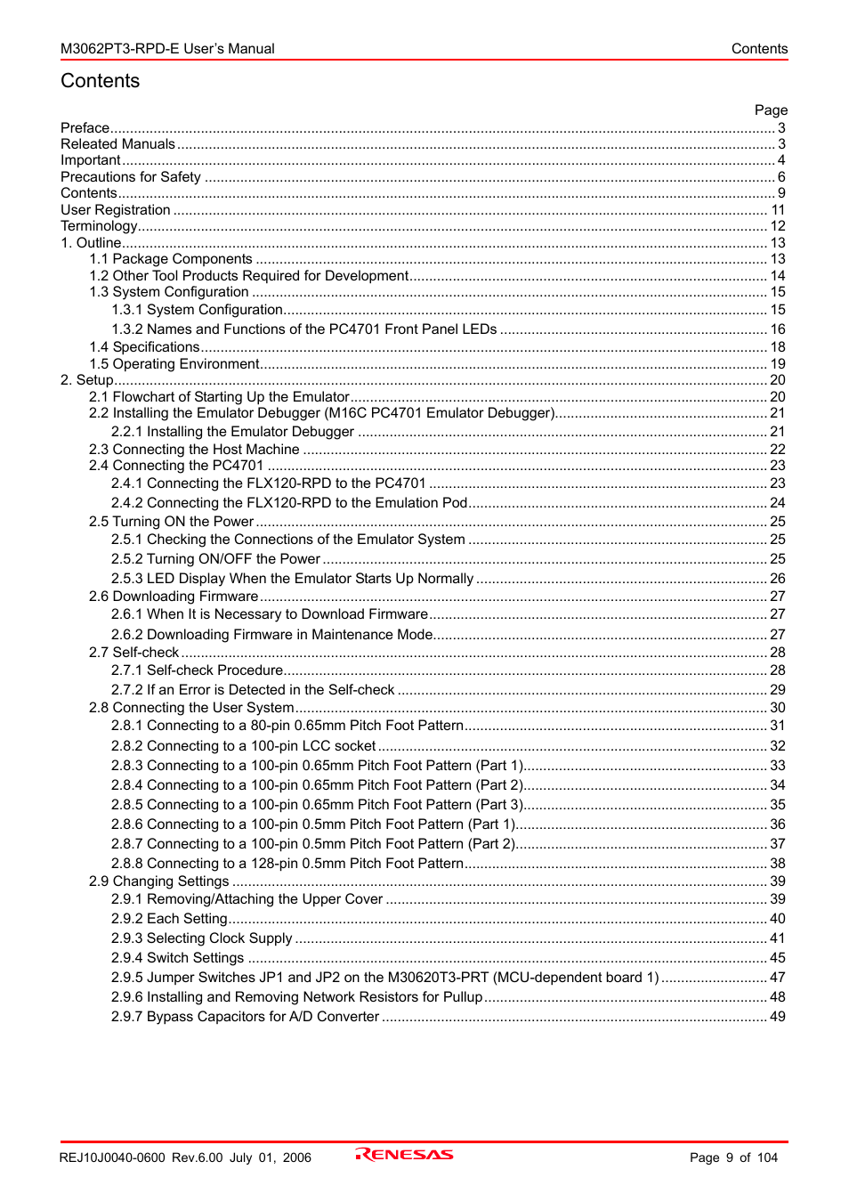 Renesas Emulation Pod M3062PT3-RPD-E User Manual | Page 9 / 104