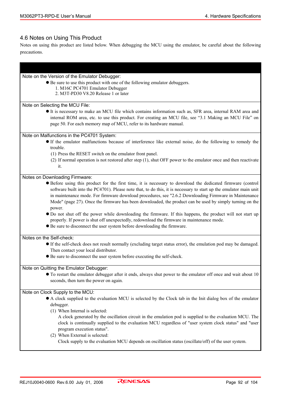 6 notes on using this product, Important | Renesas Emulation Pod M3062PT3-RPD-E User Manual | Page 92 / 104