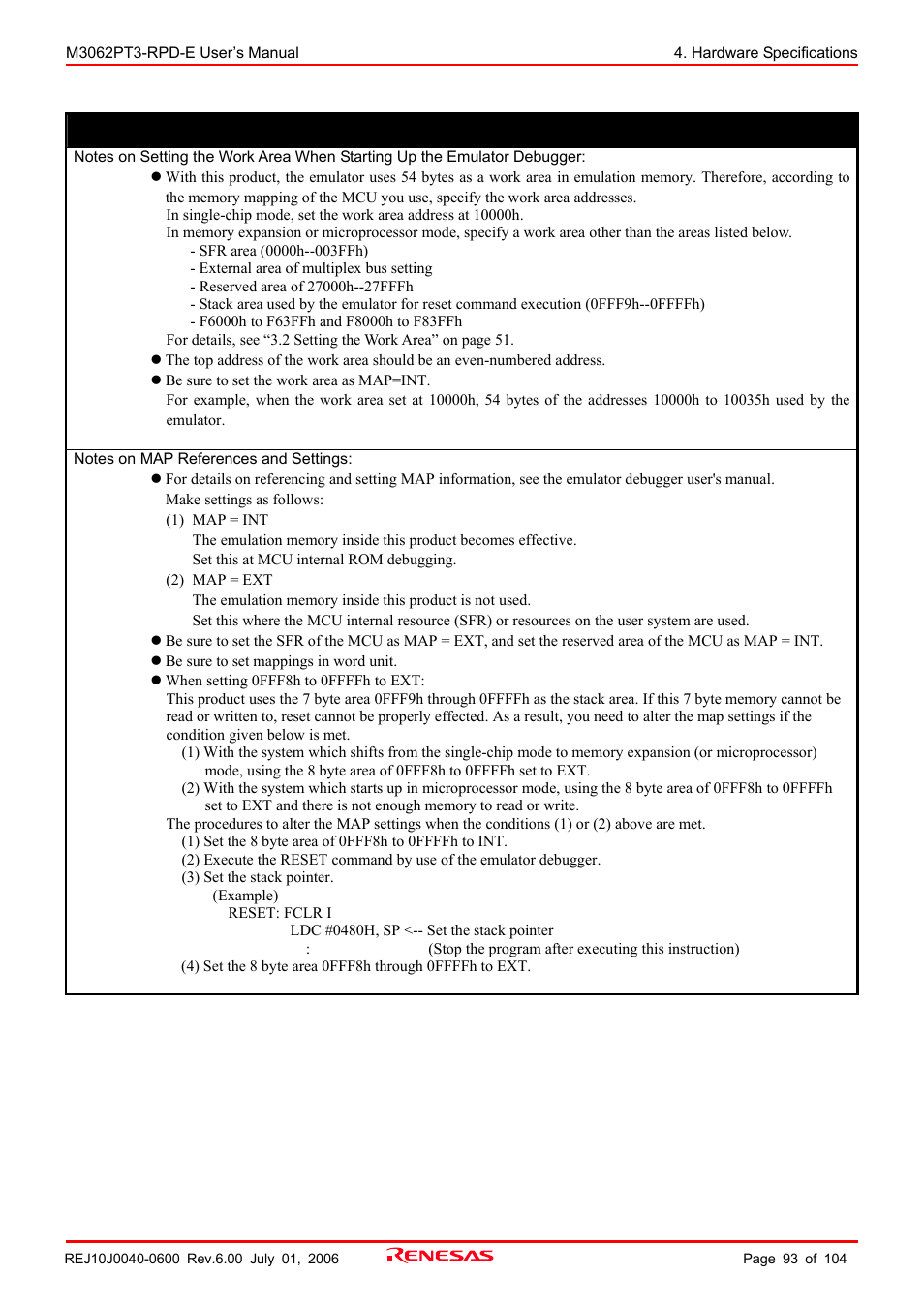 Important | Renesas Emulation Pod M3062PT3-RPD-E User Manual | Page 93 / 104